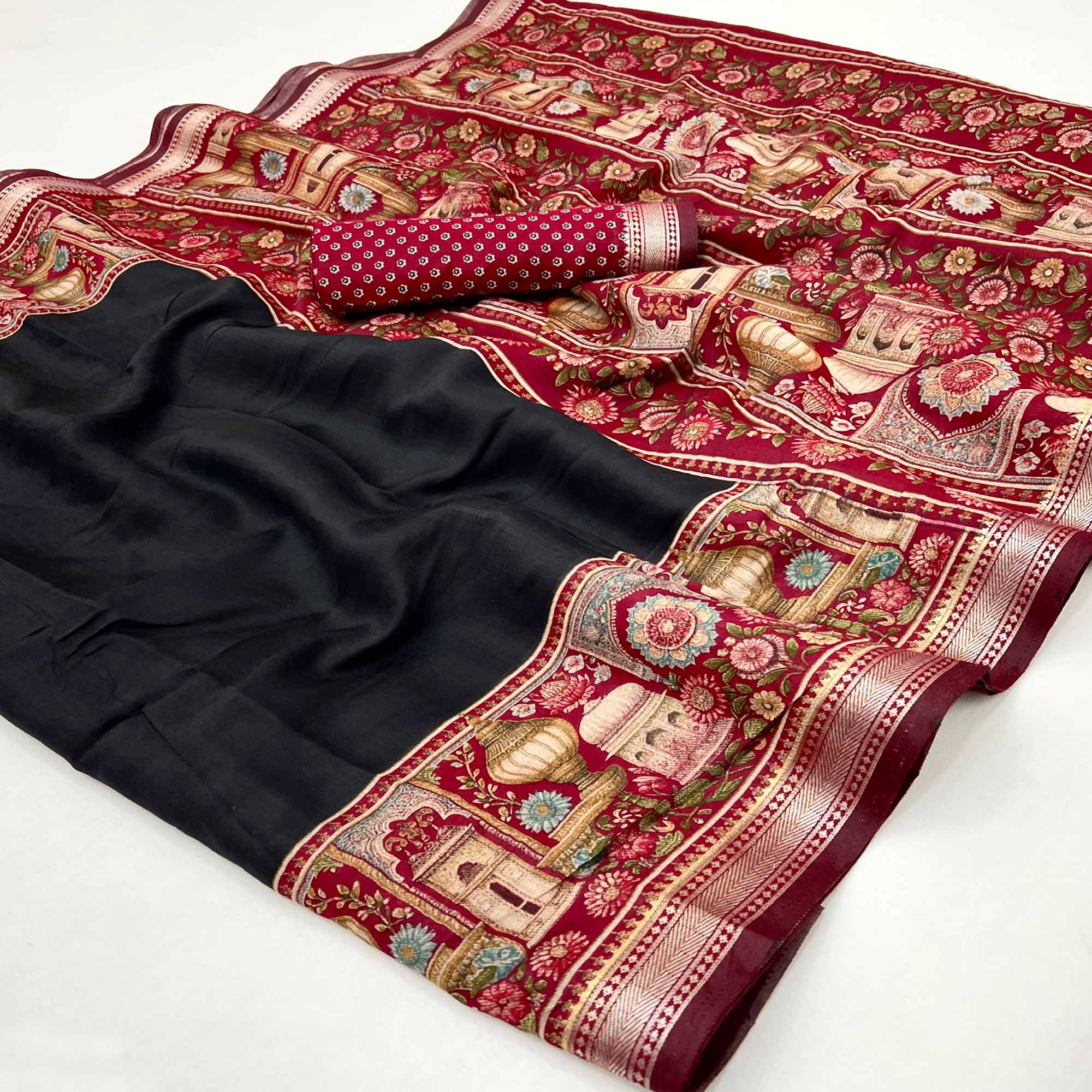Traditional Print Mulmul Cotton Saree in Black with Elegant Zari Border