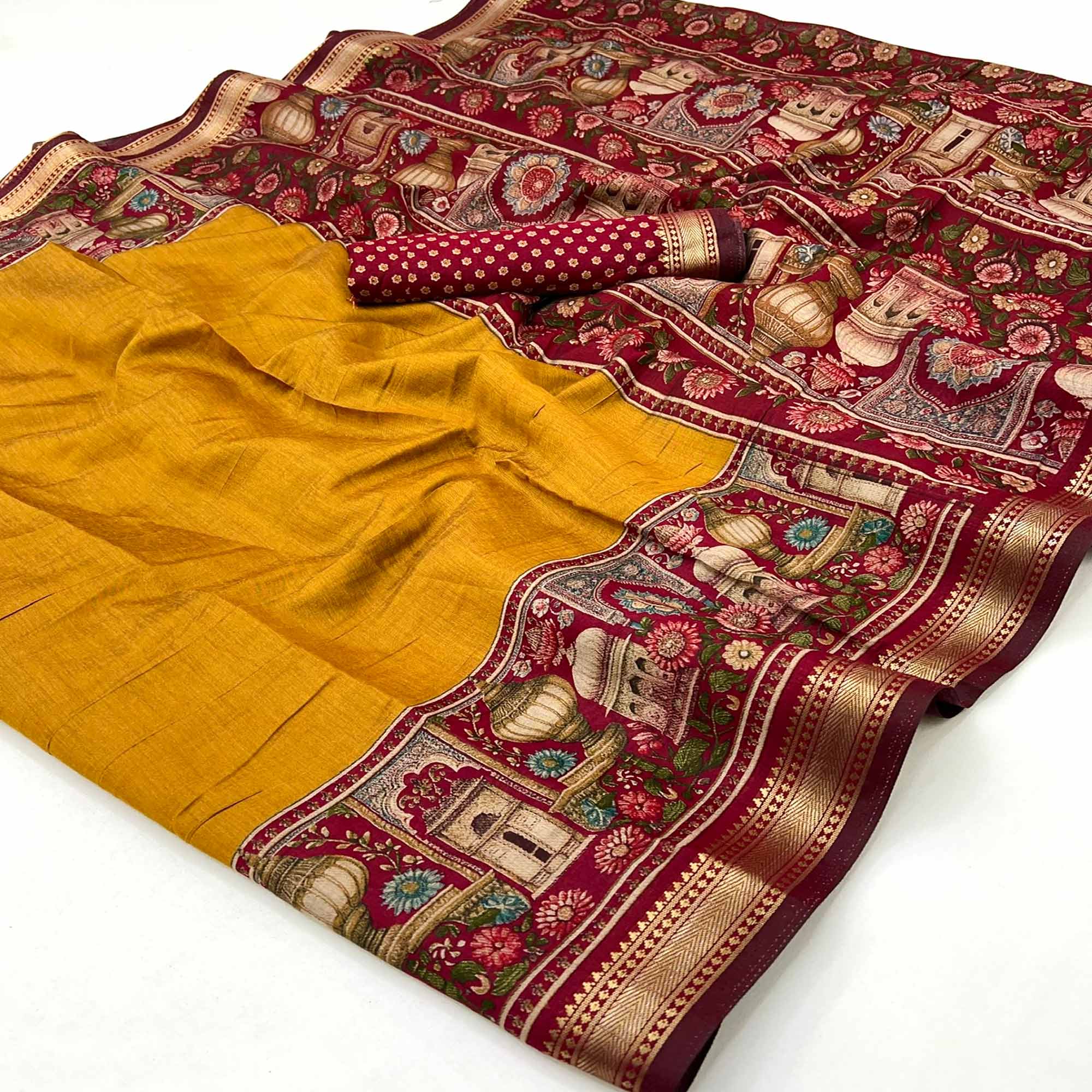 Traditional Print Mulmul Cotton Saree in Mustard with Elegant Zari Border