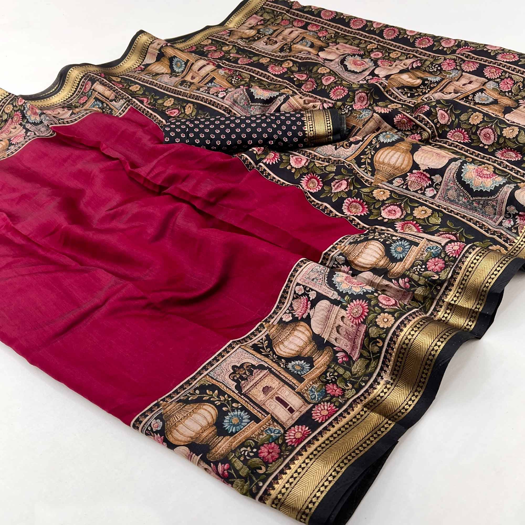 Traditional Print Mulmul Cotton Saree in Magenta with Elegant Zari Border