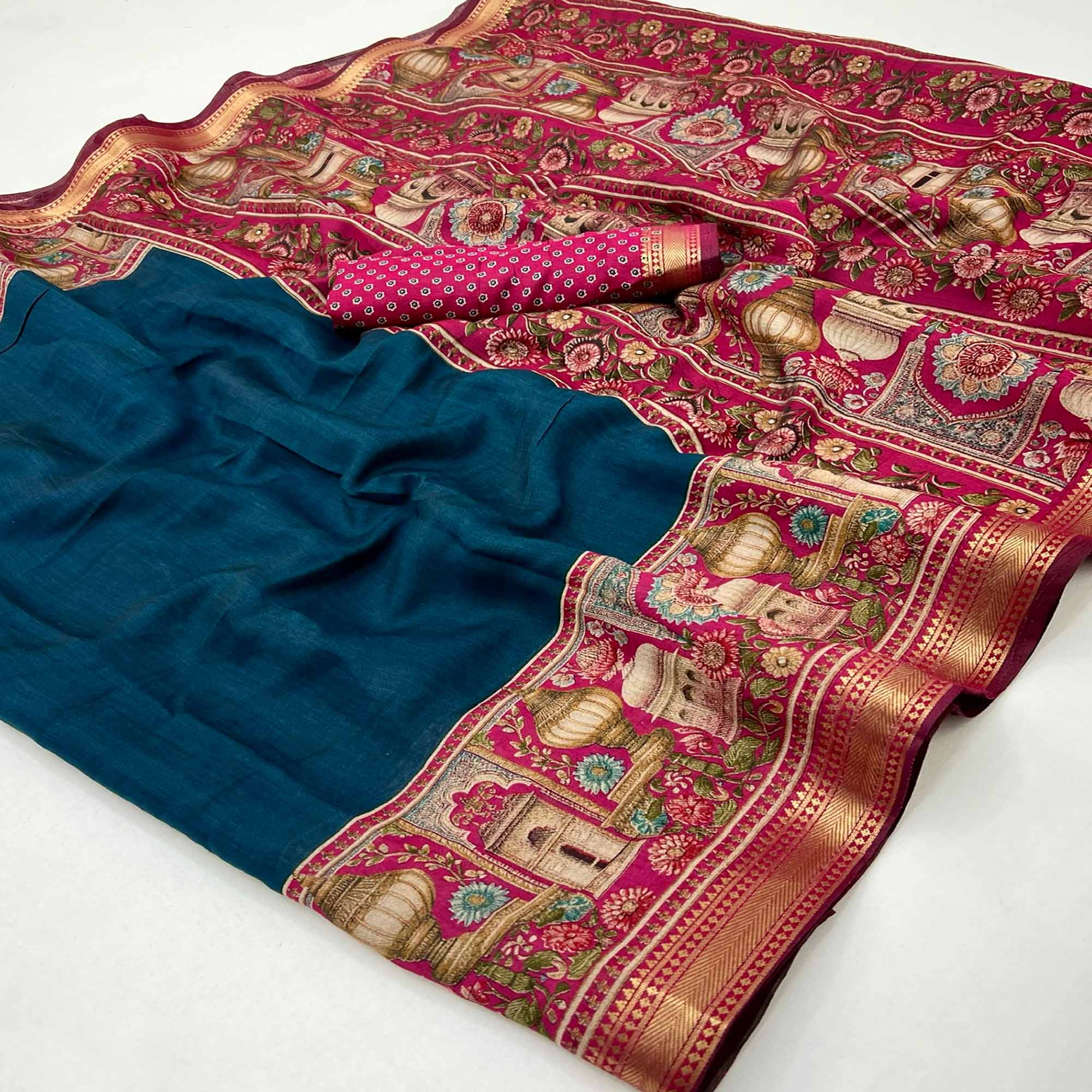 Traditional Print Mulmul Cotton Saree in Teal with Elegant Zari Border