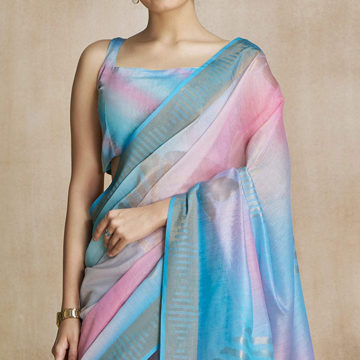 Blue Digital Printed With Woven Pure Silk Ombre Saree