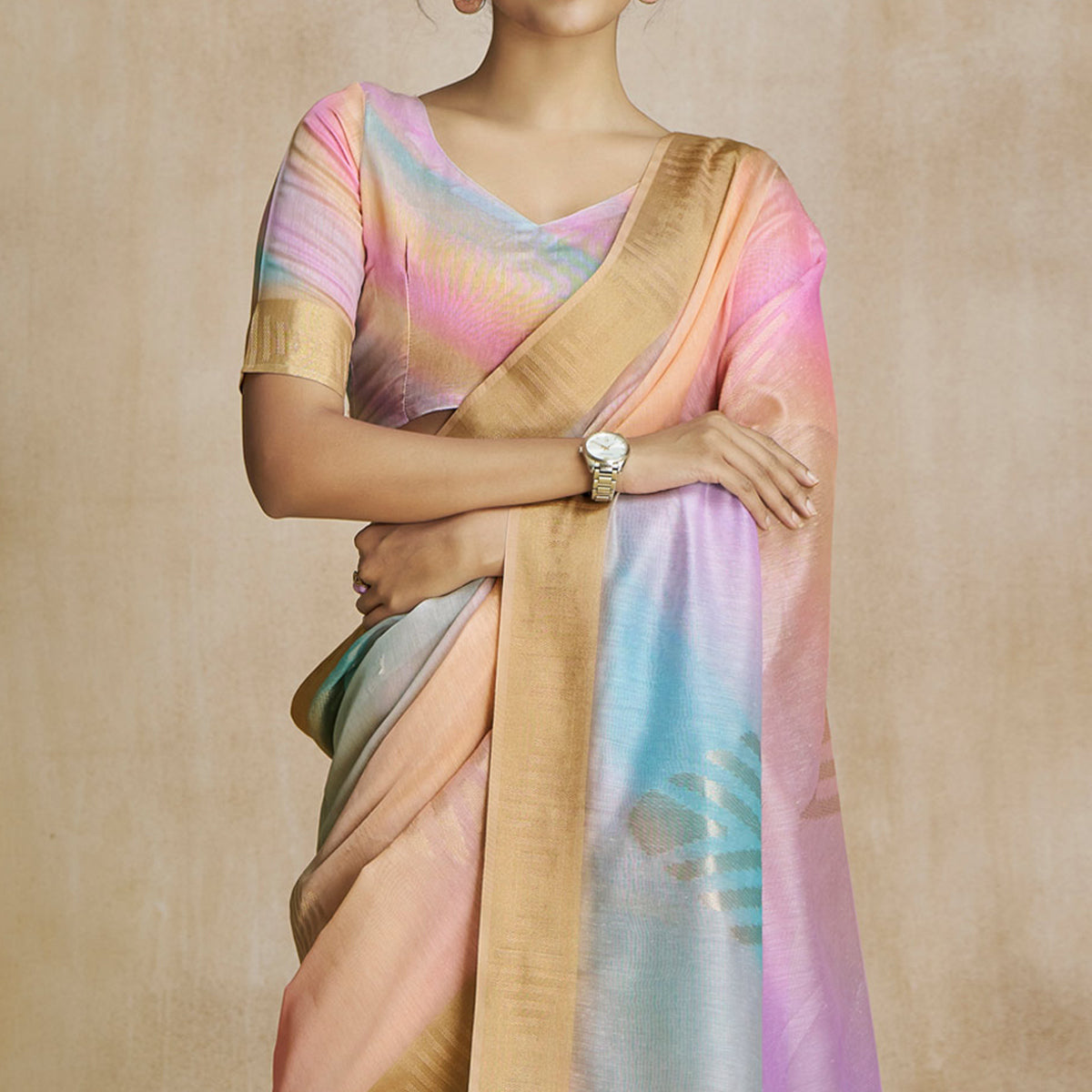 Chikoo Digital Printed With Woven Pure Silk Ombre Saree