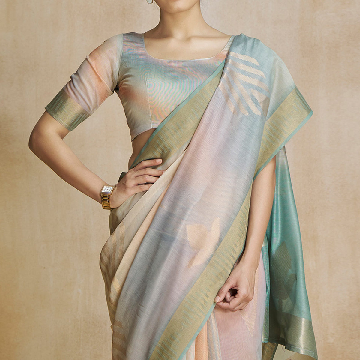 Sea Green Digital Printed With Woven Pure Silk Ombre Saree