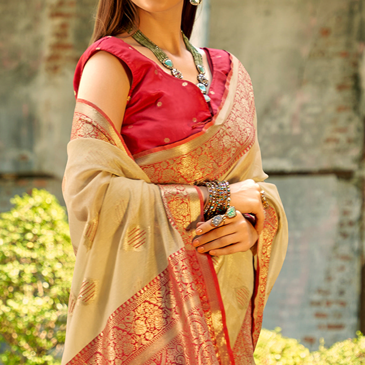 Chikoo Floral Woven Tissue Silk Saree With Tassels