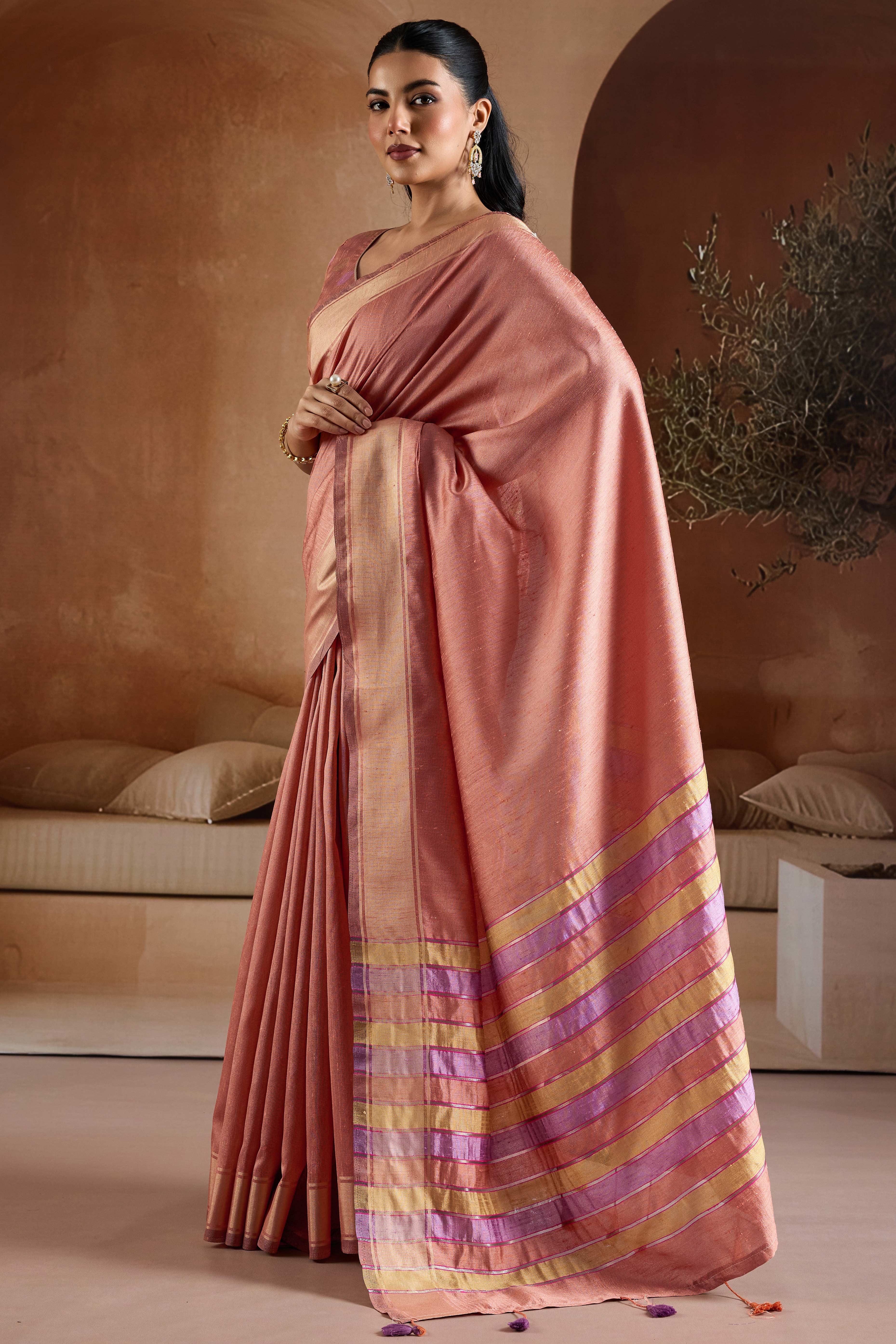 Graceful Peach Zari Woven Bhagalpuri Silk Saree Accented With Tassel Pallu