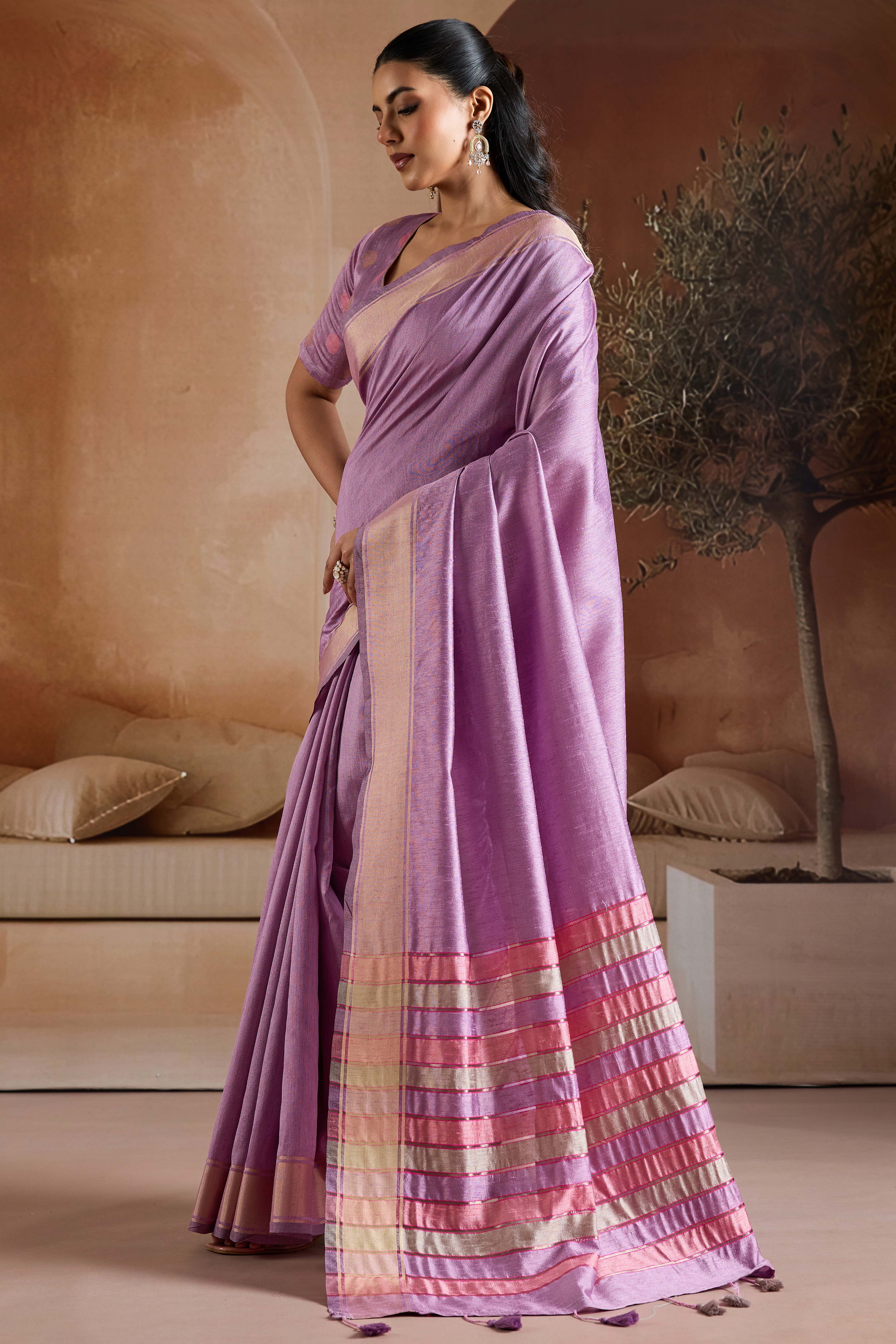 Graceful Lavender Zari Woven Bhagalpuri Silk Saree Accented With Tassel Pallu