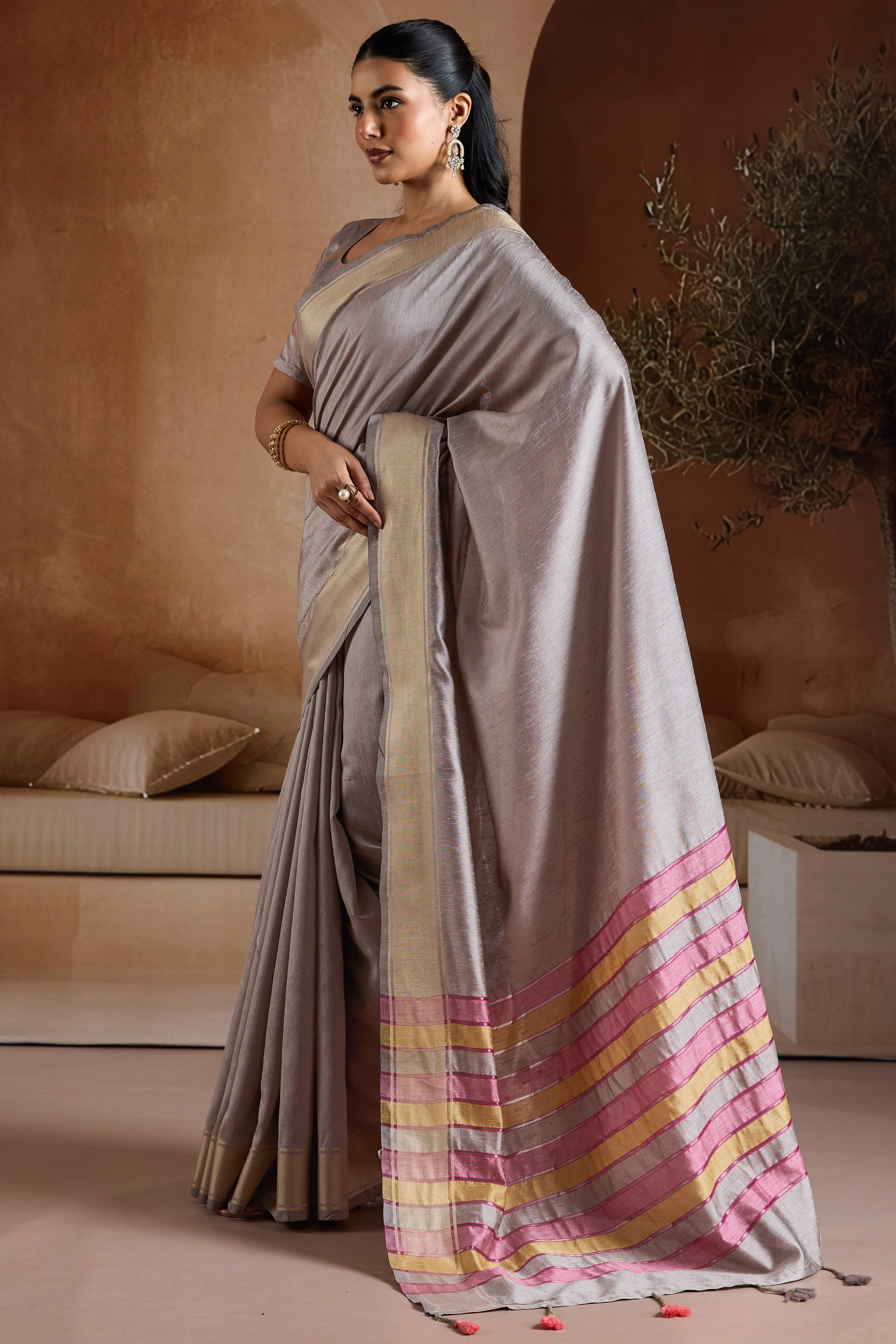 Graceful Grey Zari Woven Bhagalpuri Silk Saree Accented With Tassel Pallu