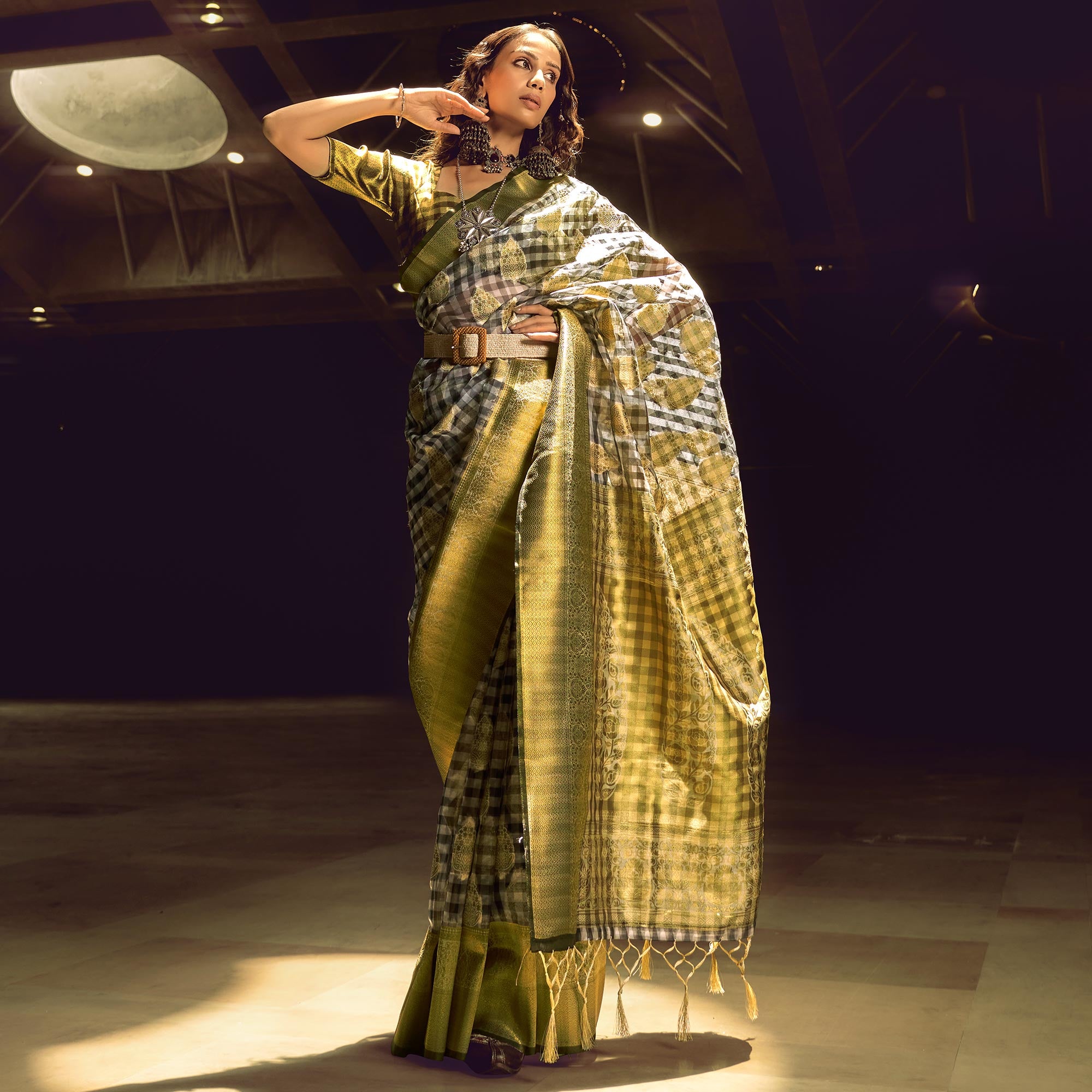 Yellow Checks Woven Organza Saree With Tassels