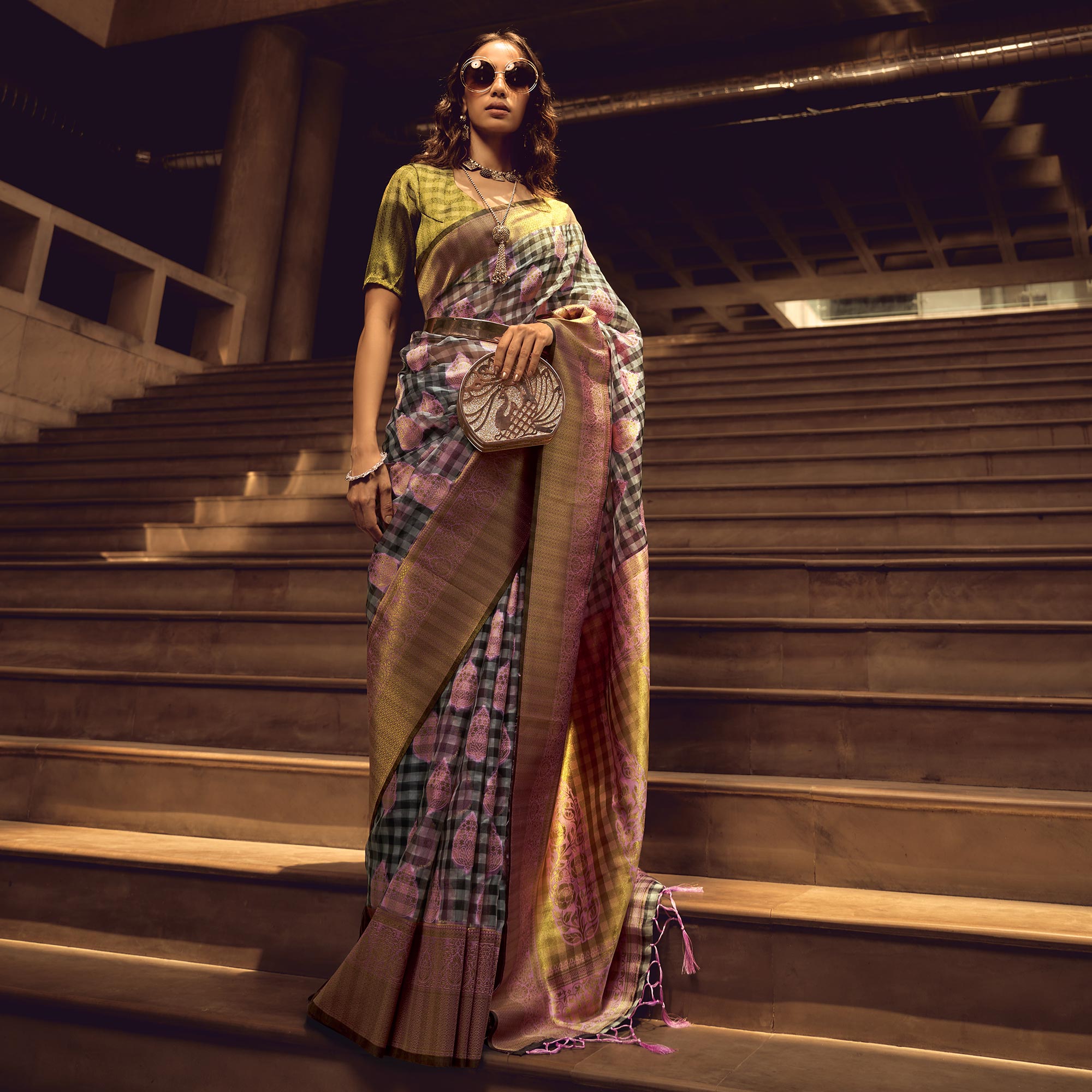 Purple Checks Woven Organza Saree With Tassels
