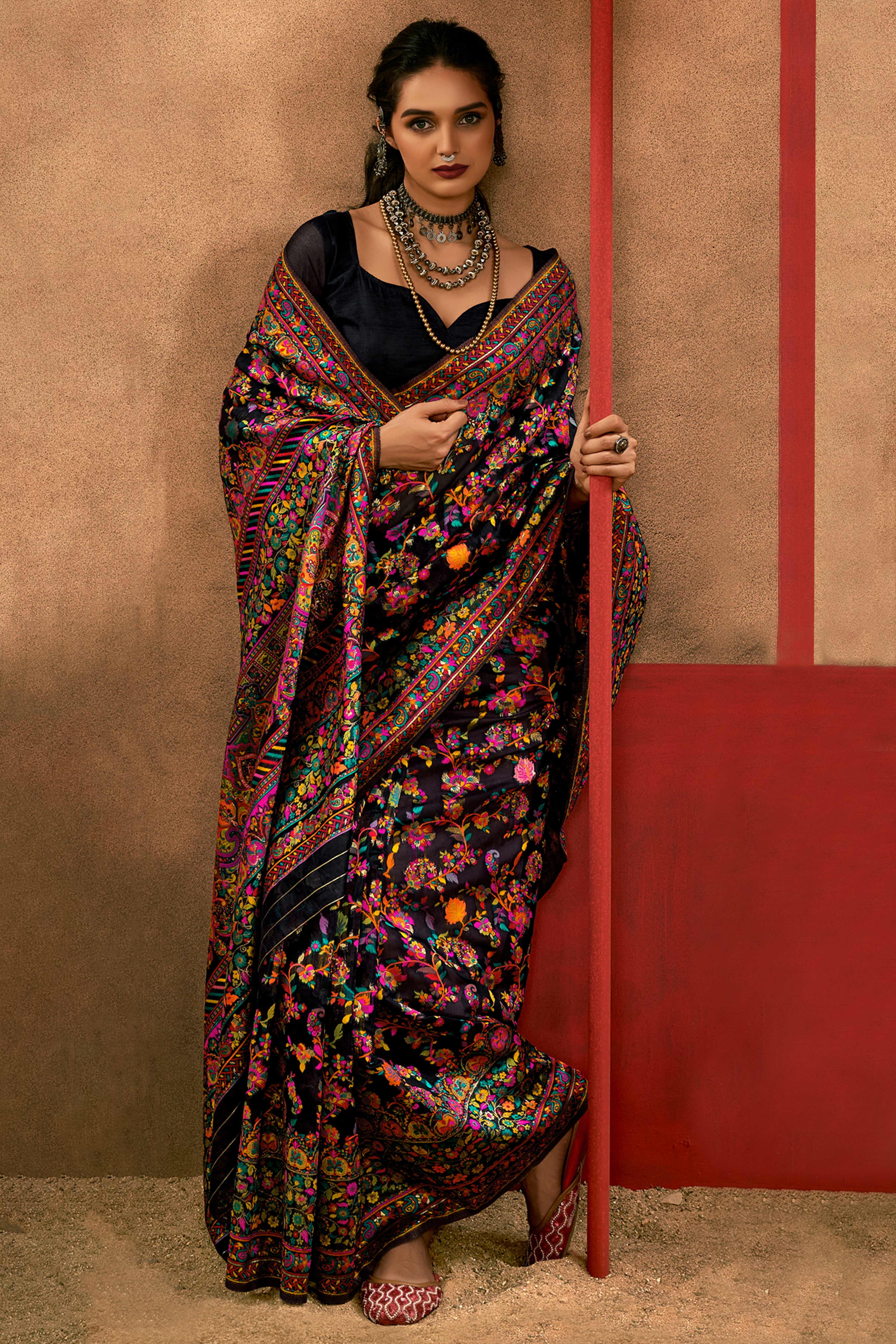 Graceful Black Floral Weaving Pashmina Modal Cotton Blend Saree With Timeless Appeal