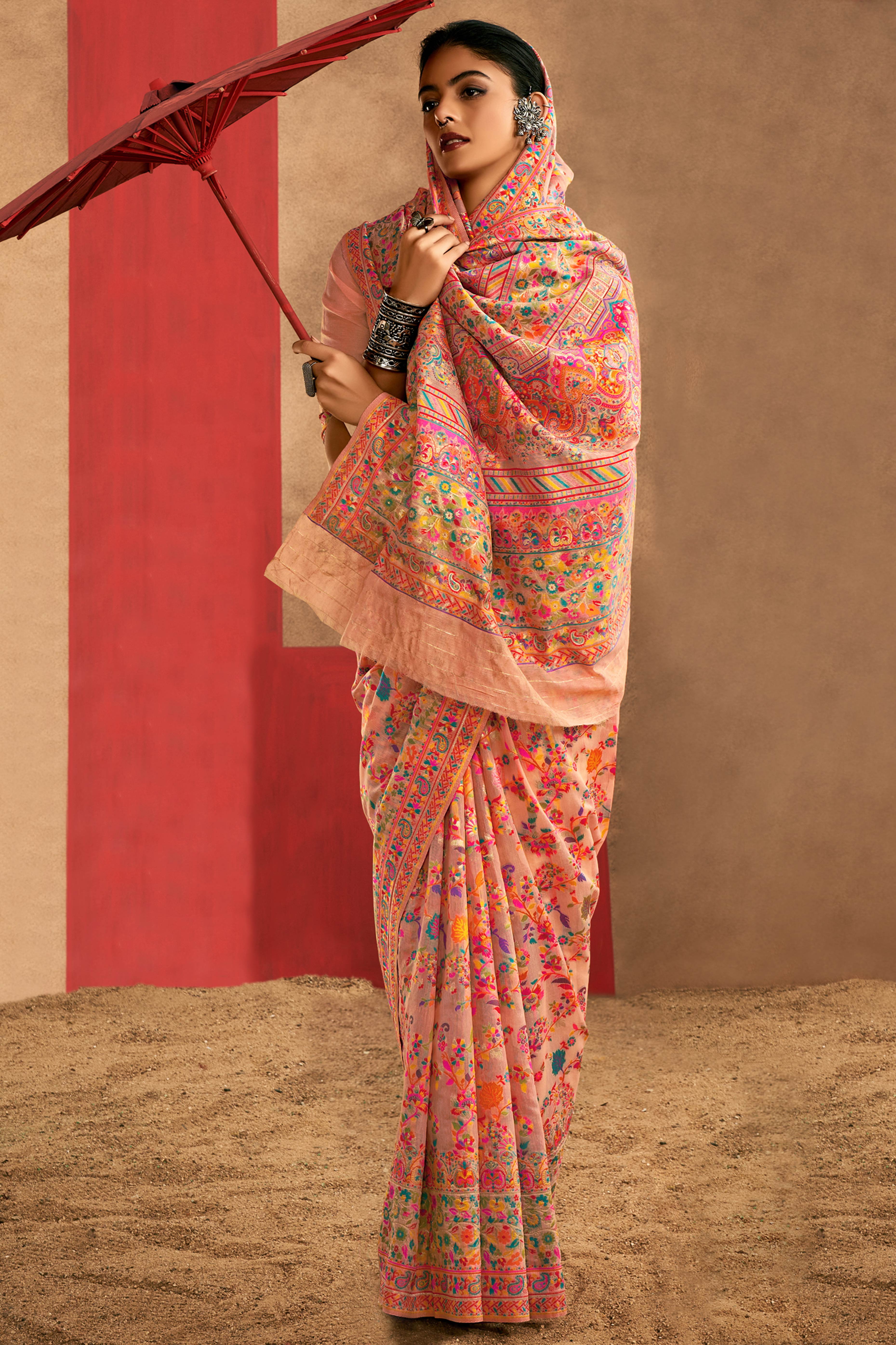 Graceful Peach Floral Weaving Pashmina Modal Cotton Blend Saree With Timeless Appeal