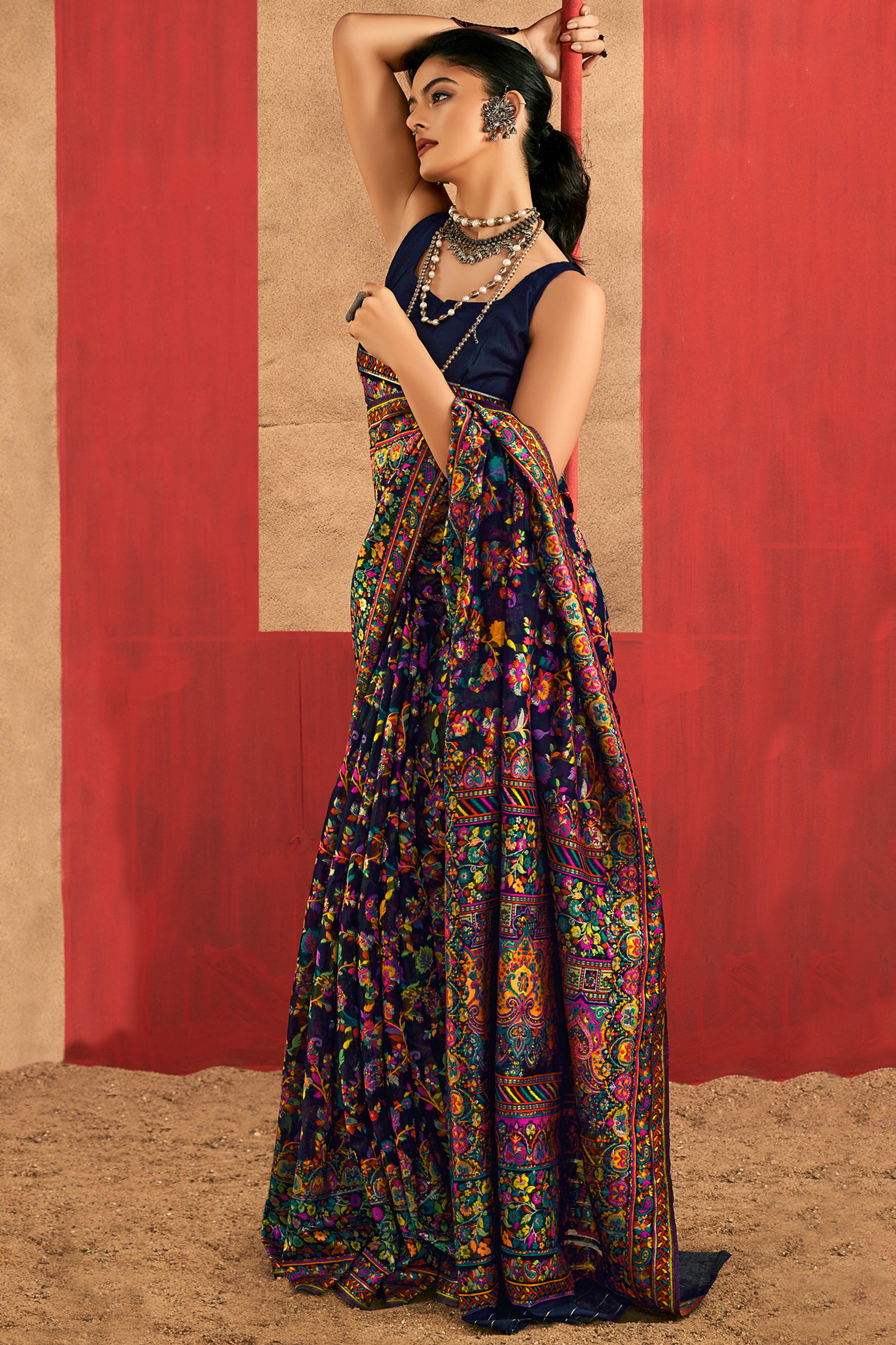 Graceful Navy Blue Floral Weaving Pashmina Modal Cotton Blend Saree With Timeless Appeal