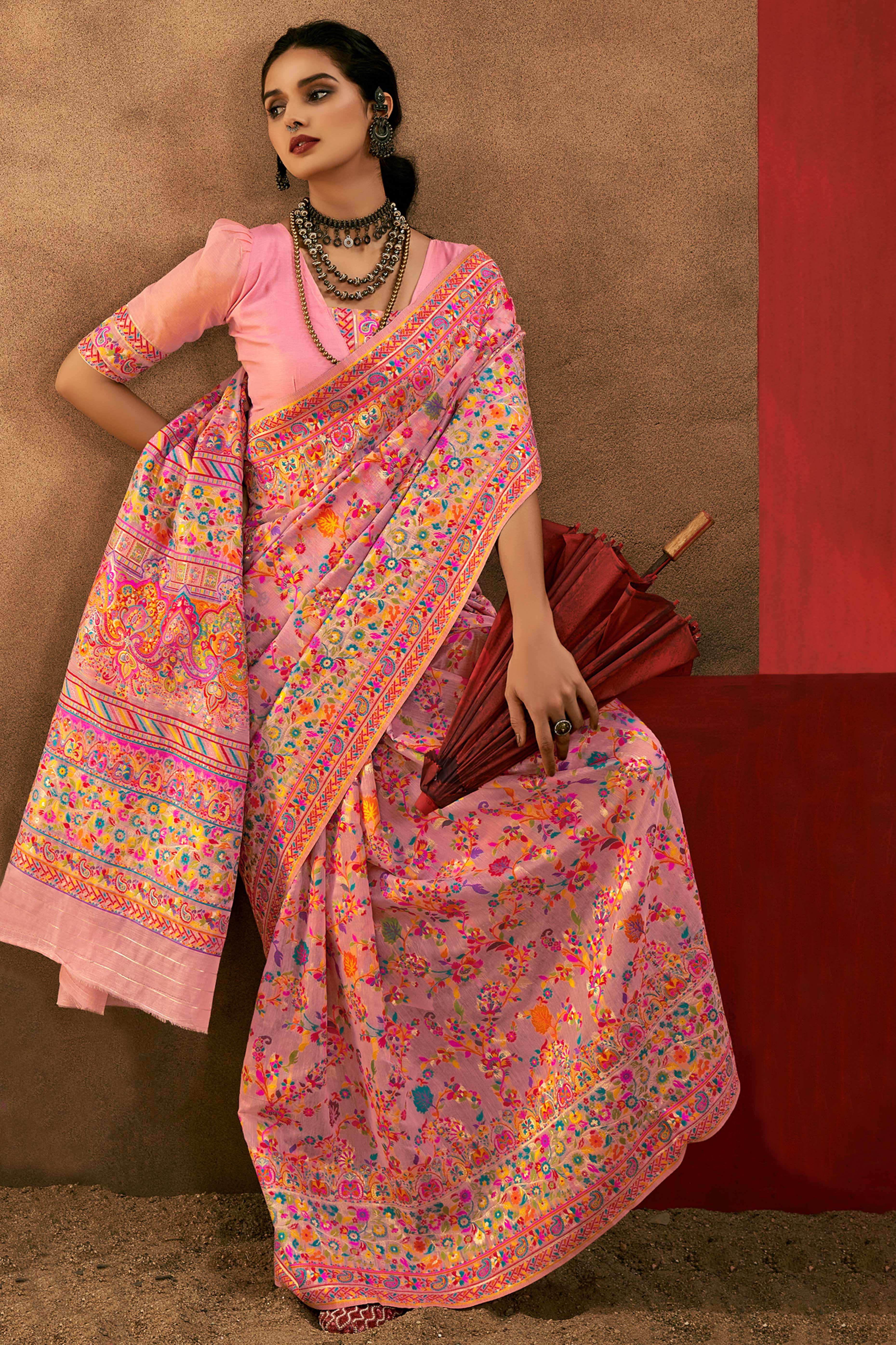 Graceful Pink Floral Weaving Pashmina Modal Cotton Blend Saree With Timeless Appeal