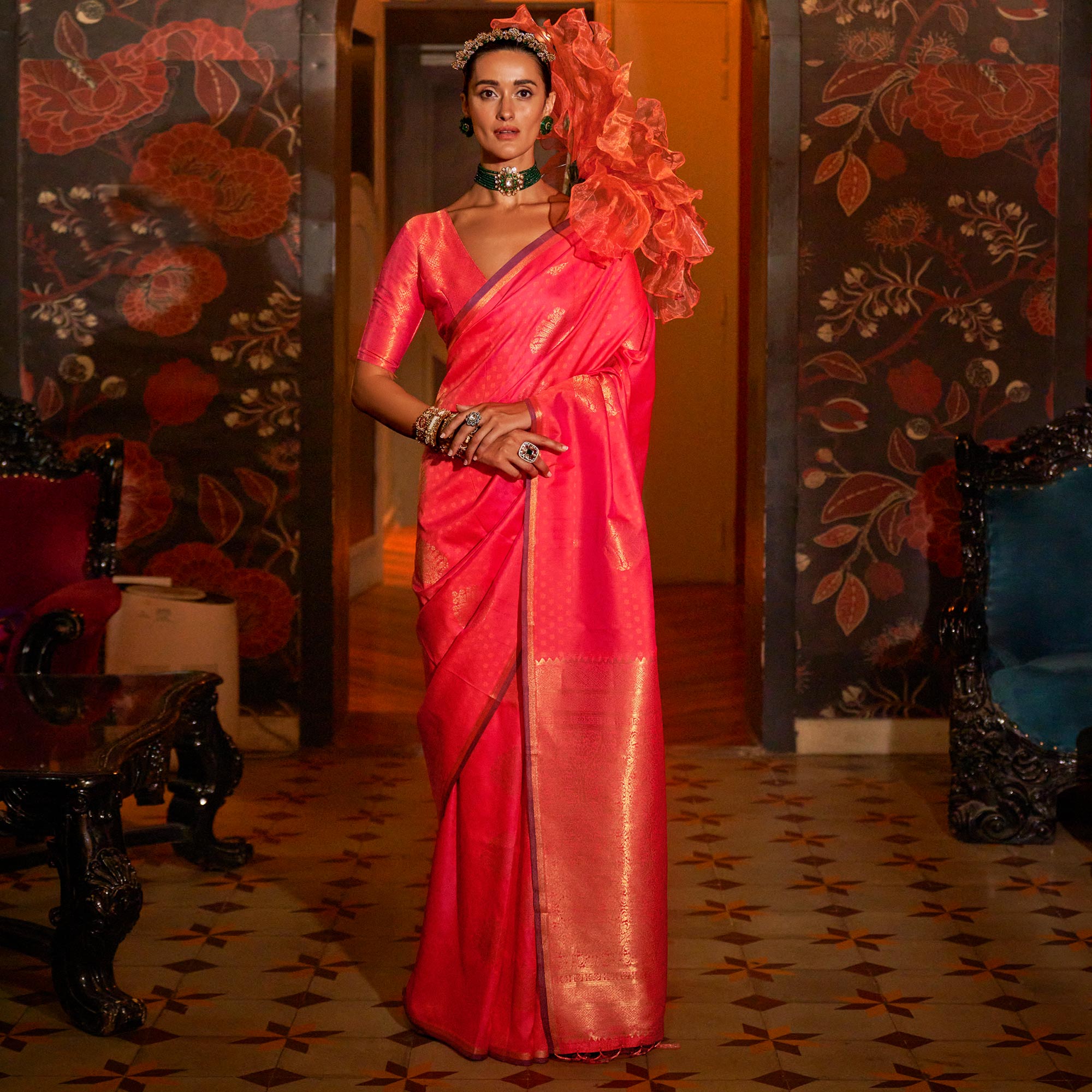 Rani Pink Zari Work Woven Mulberry Silk Saree