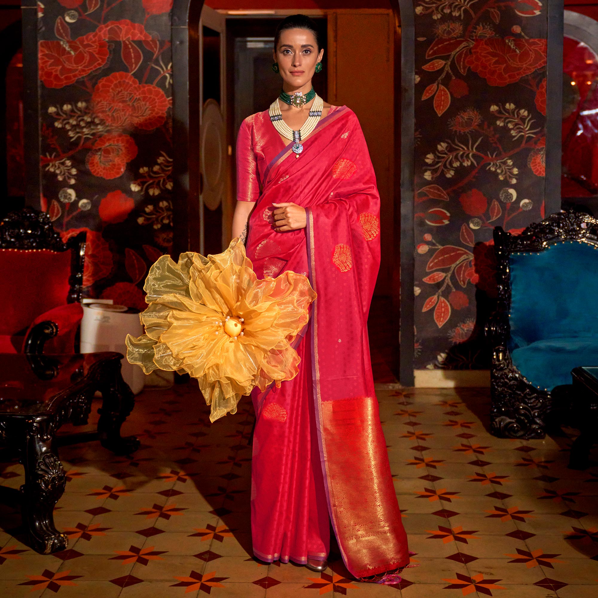 Pink Zari Work Woven Mulberry Silk Saree