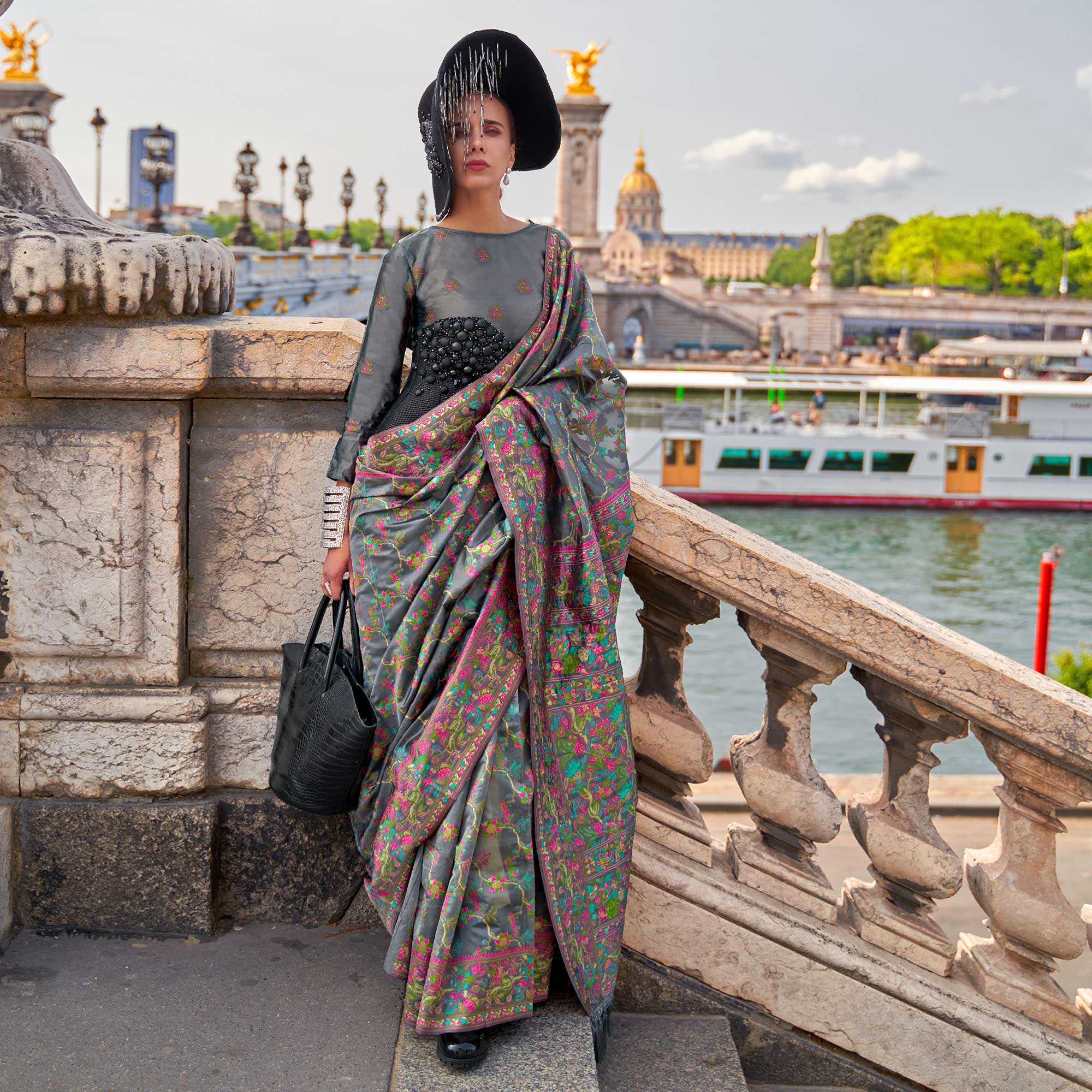 Grey Parsi Woven Organza Saree