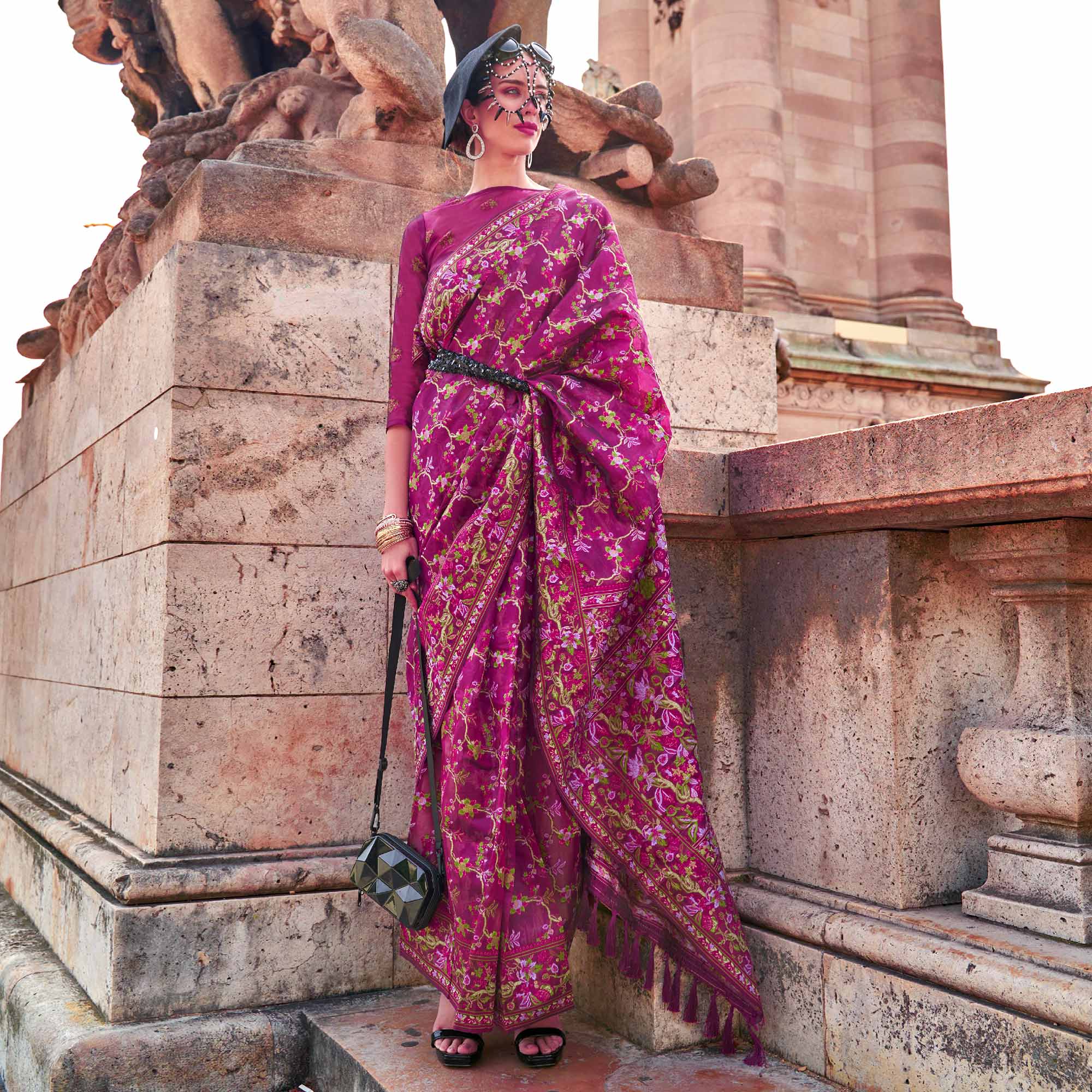 Magenta Parsi Woven Organza Saree