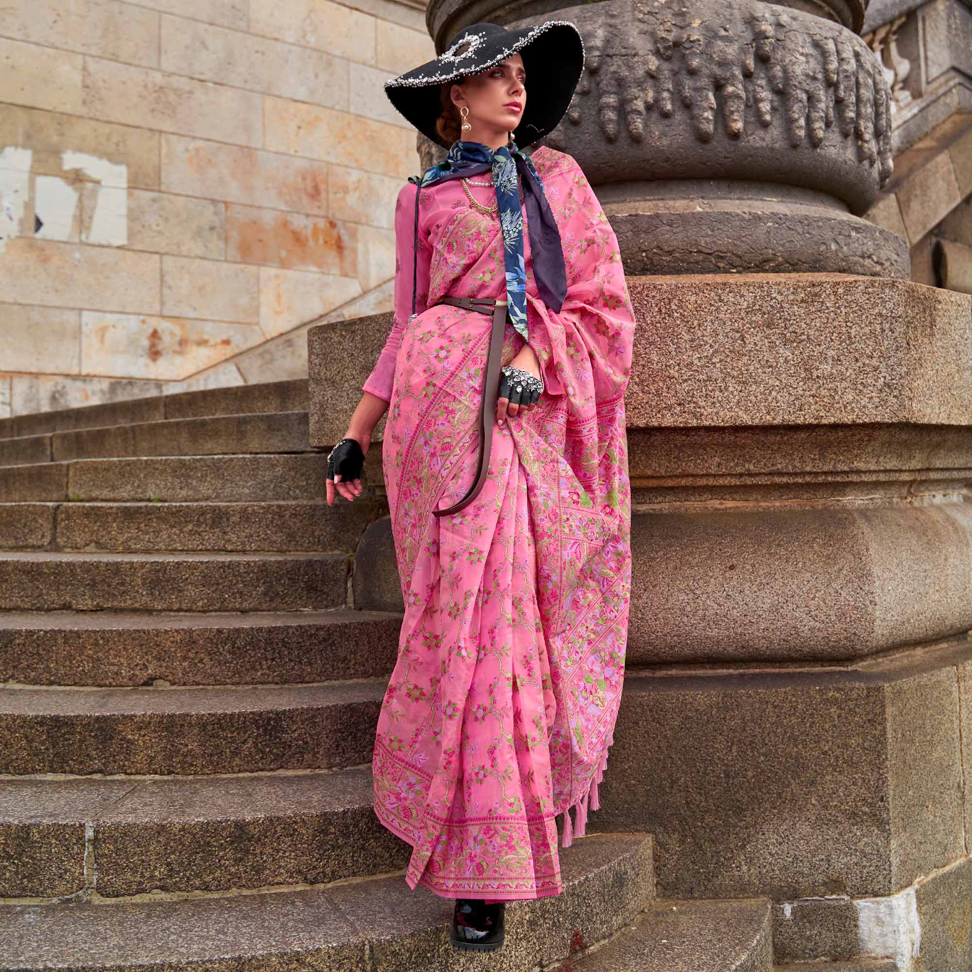 Pink Parsi Woven Organza Saree