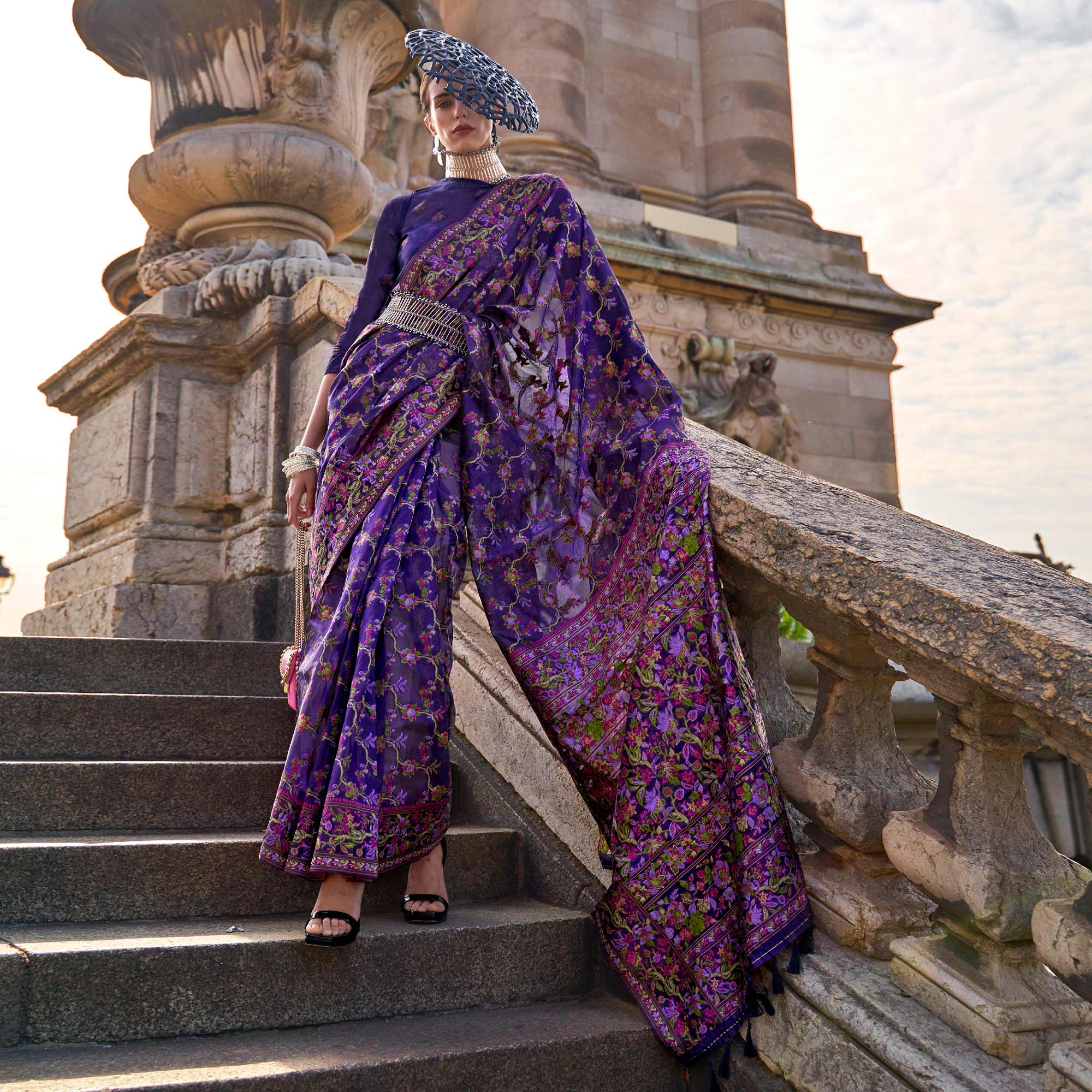 Purple Parsi Woven Organza Saree