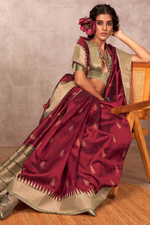 Traditional Bhagalpuri Silk Saree with Gadwal-Inspired Maroon Zari Weaving
