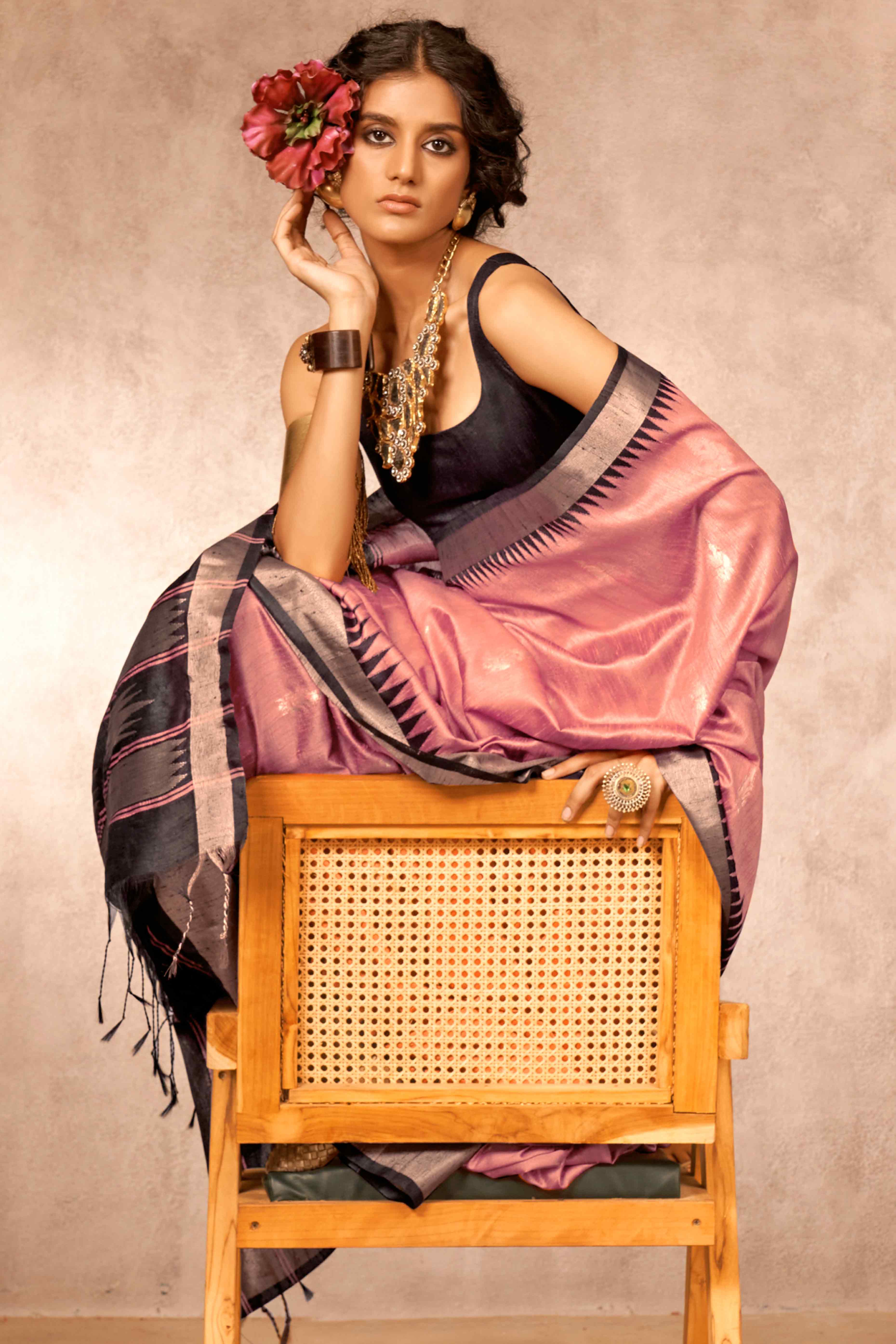 Traditional Bhagalpuri Silk Saree with Gadwal-Inspired Peach Zari Weaving