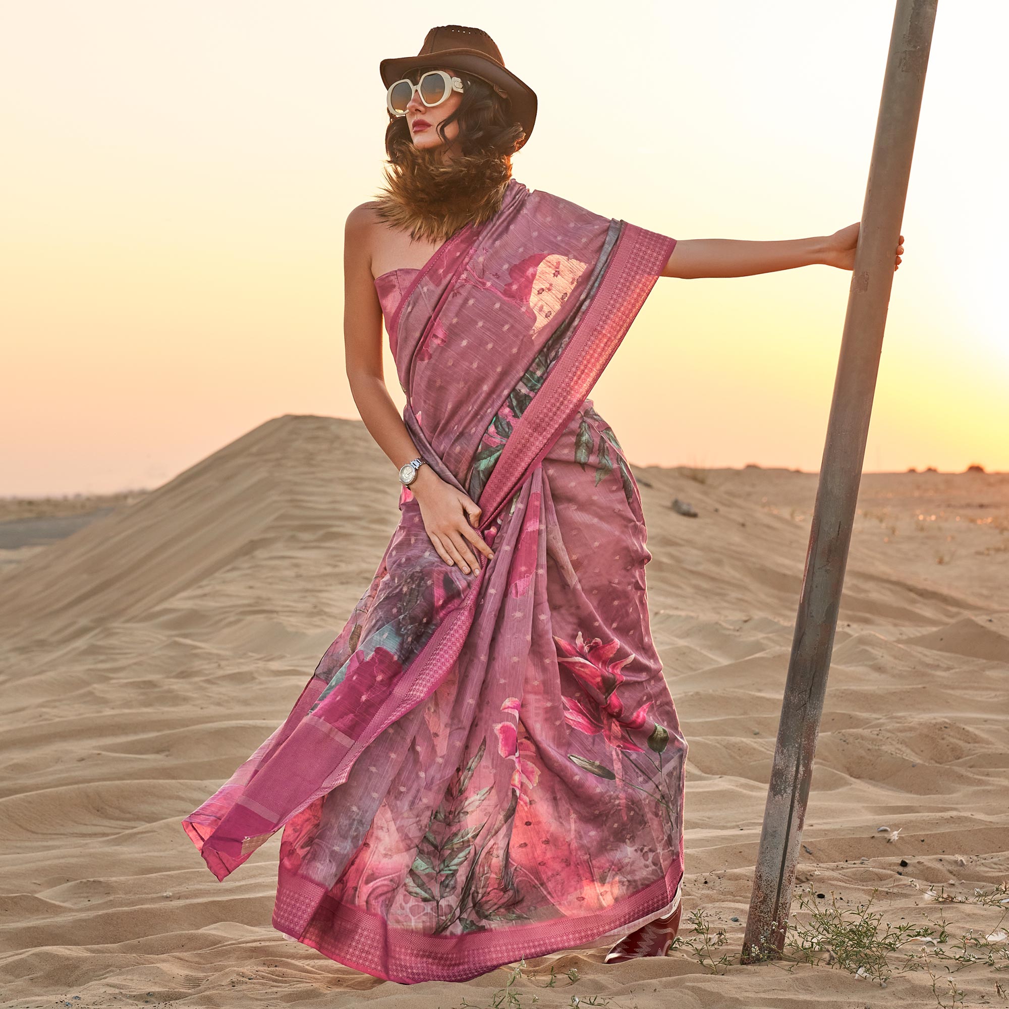 Pink Floral Digital Printed Linen Saree