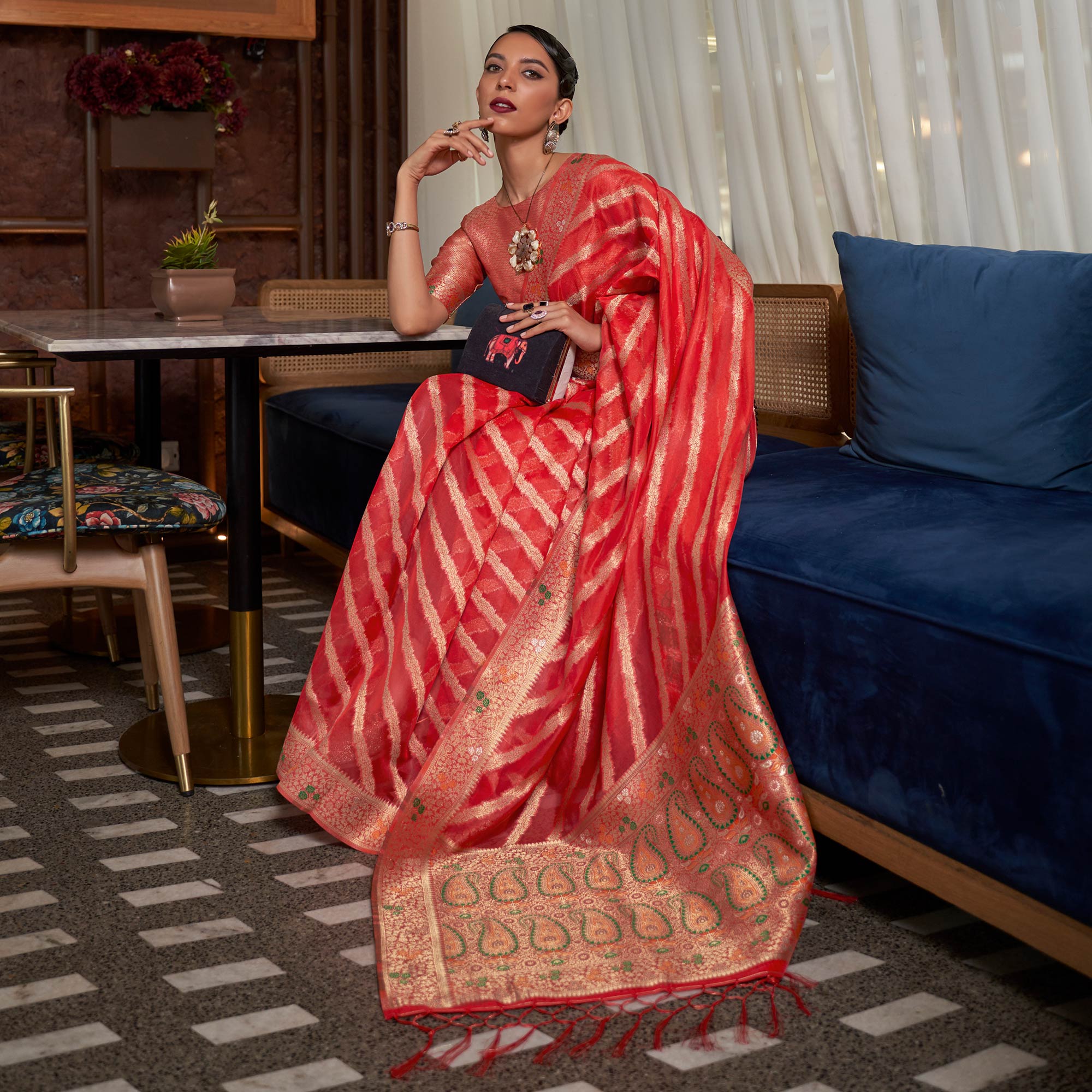 Red Woven Organza Saree With Tassels