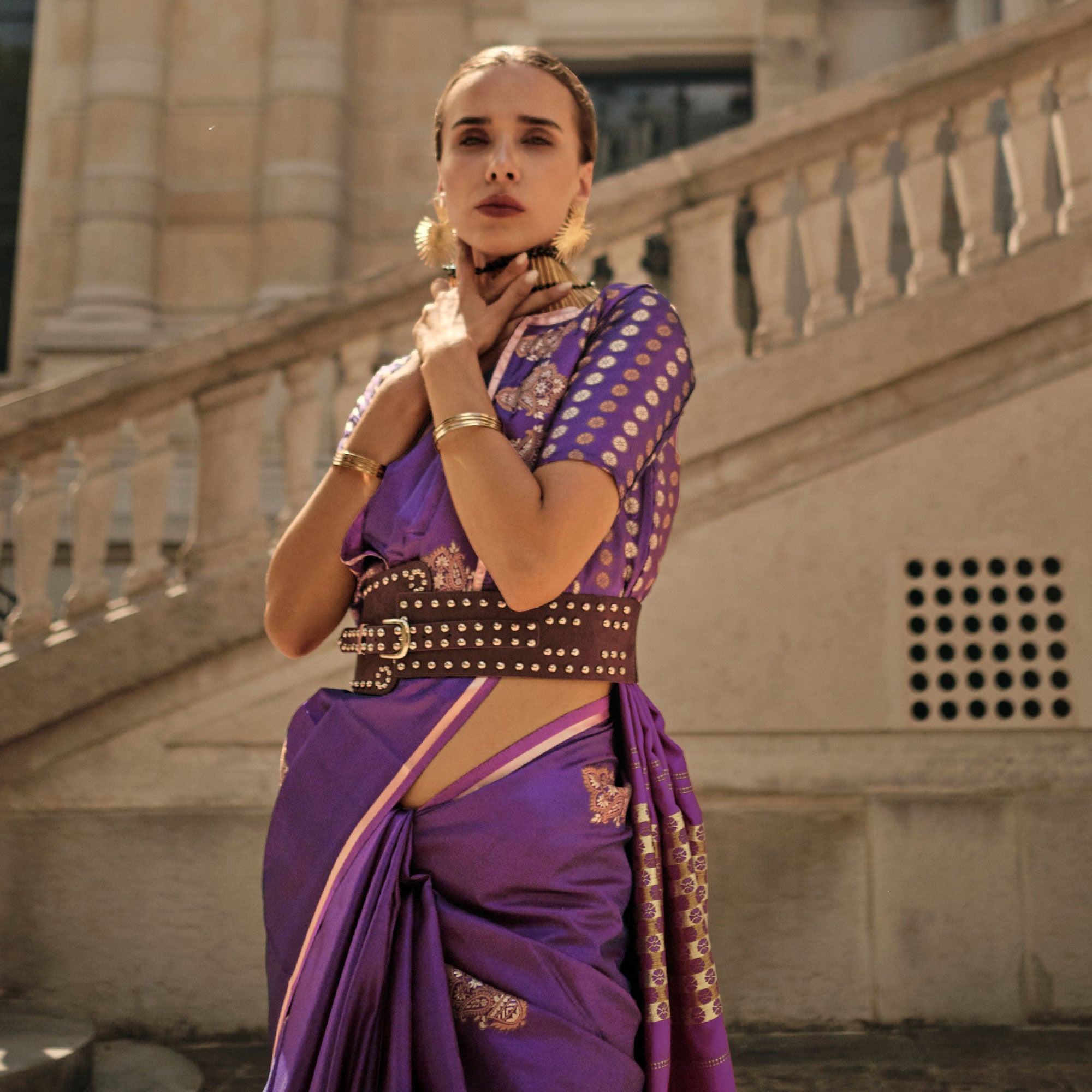 Purple Floral Woven Satin Saree With Tassels