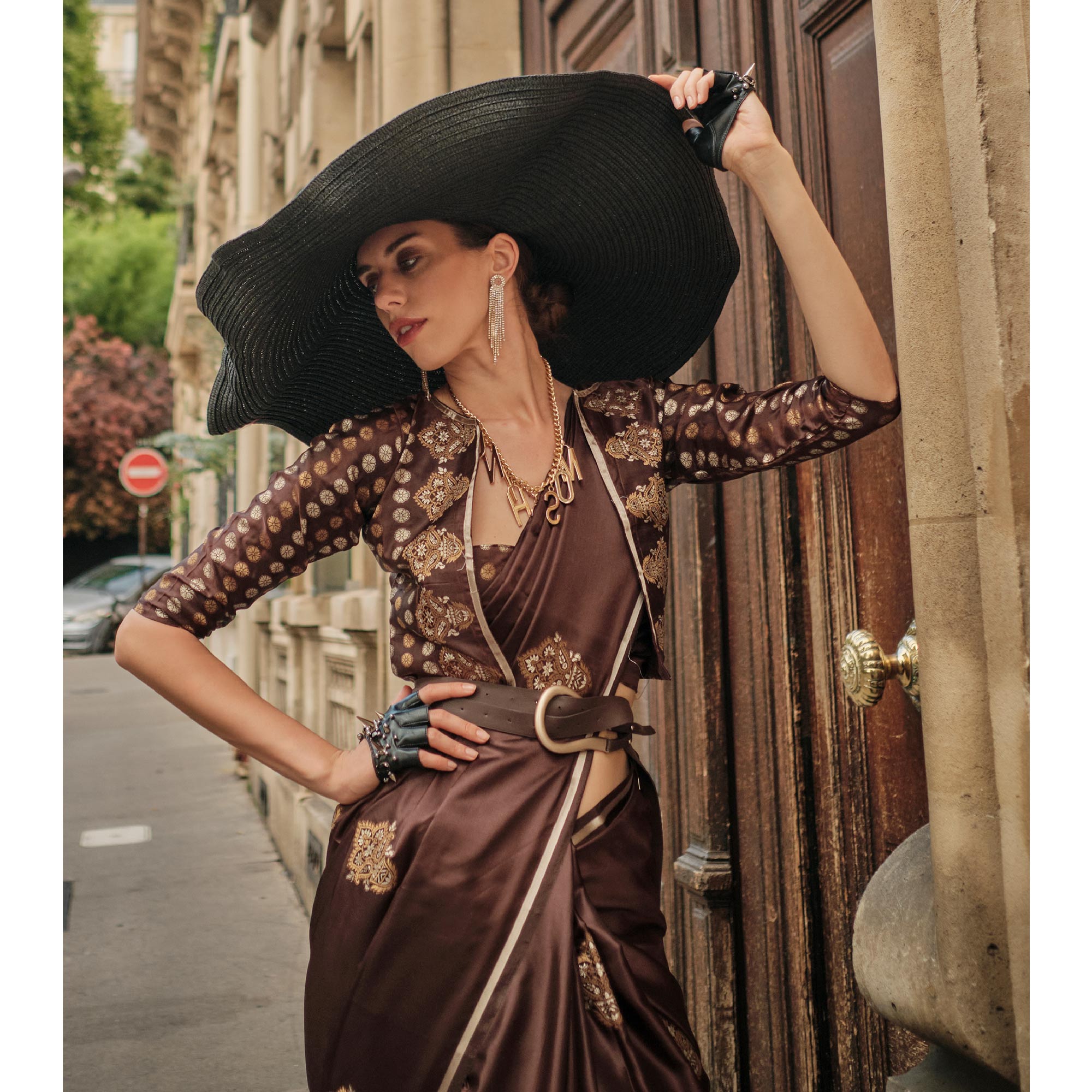 Brown Floral Woven Satin Saree With Tassels