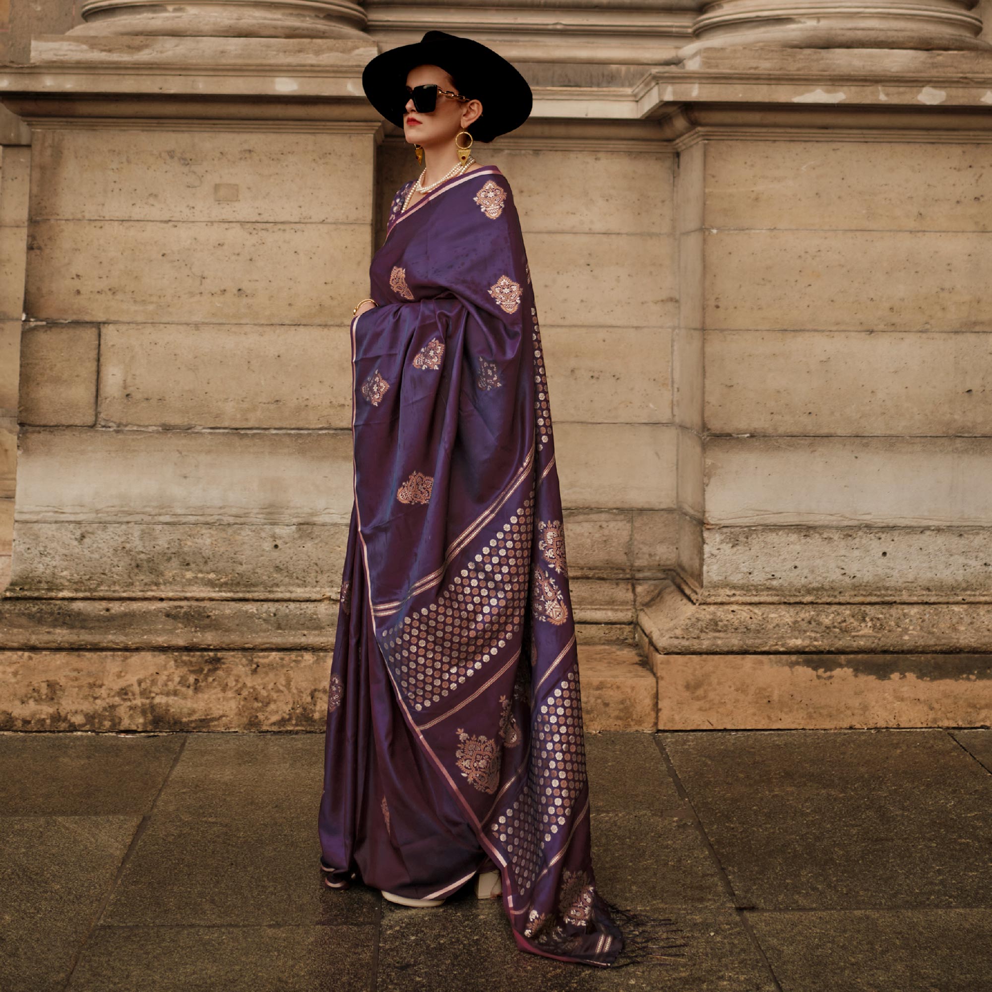 Purple Floral Woven Satin Saree With Tassels