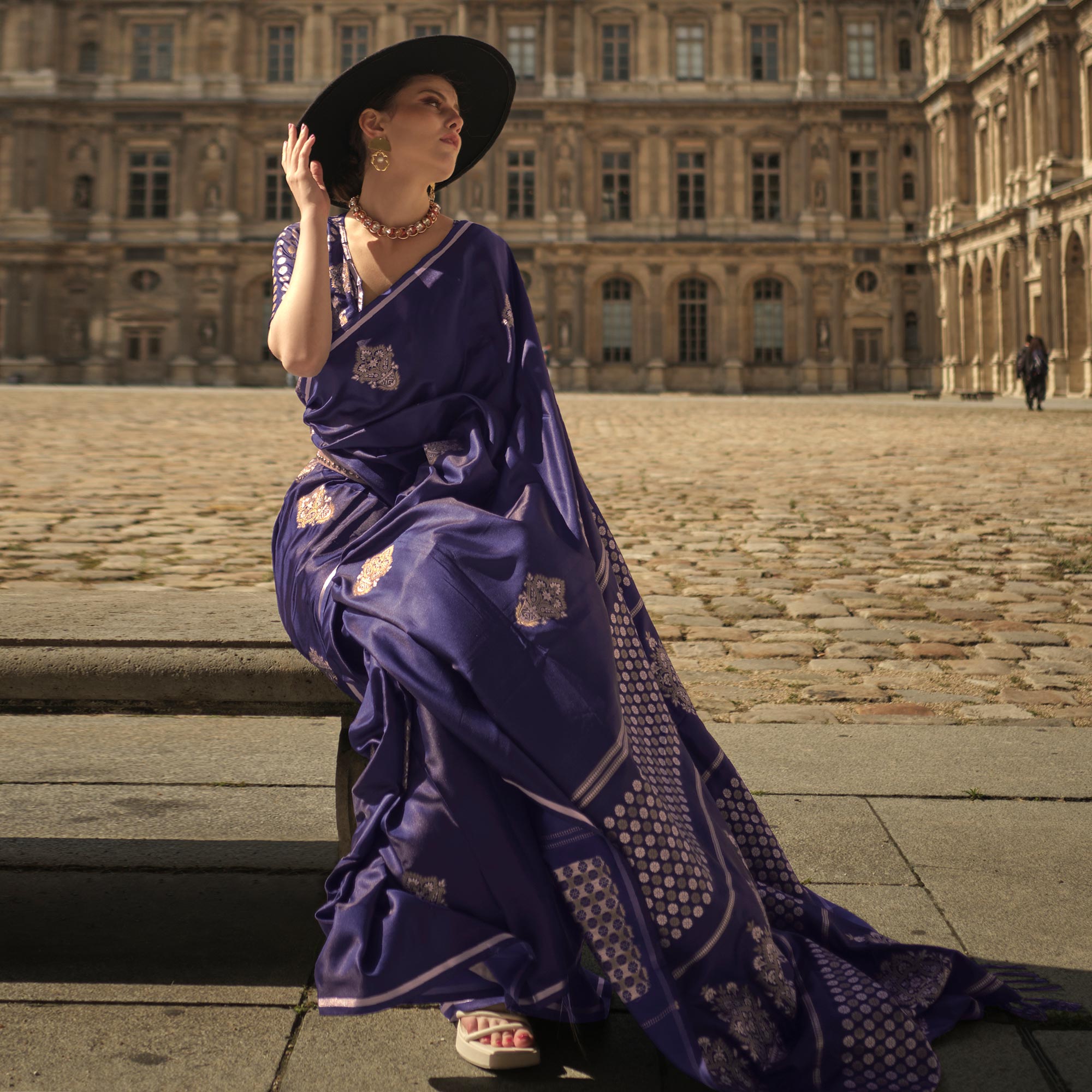 Violet Floral Woven Satin Saree With Tassels