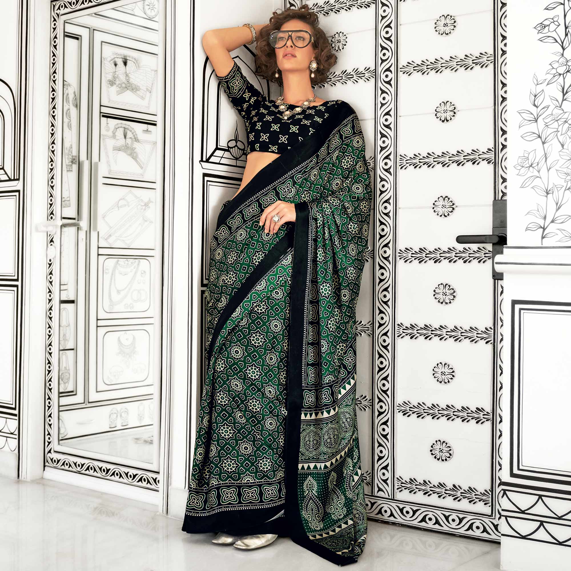 Green Printed Crepe Saree