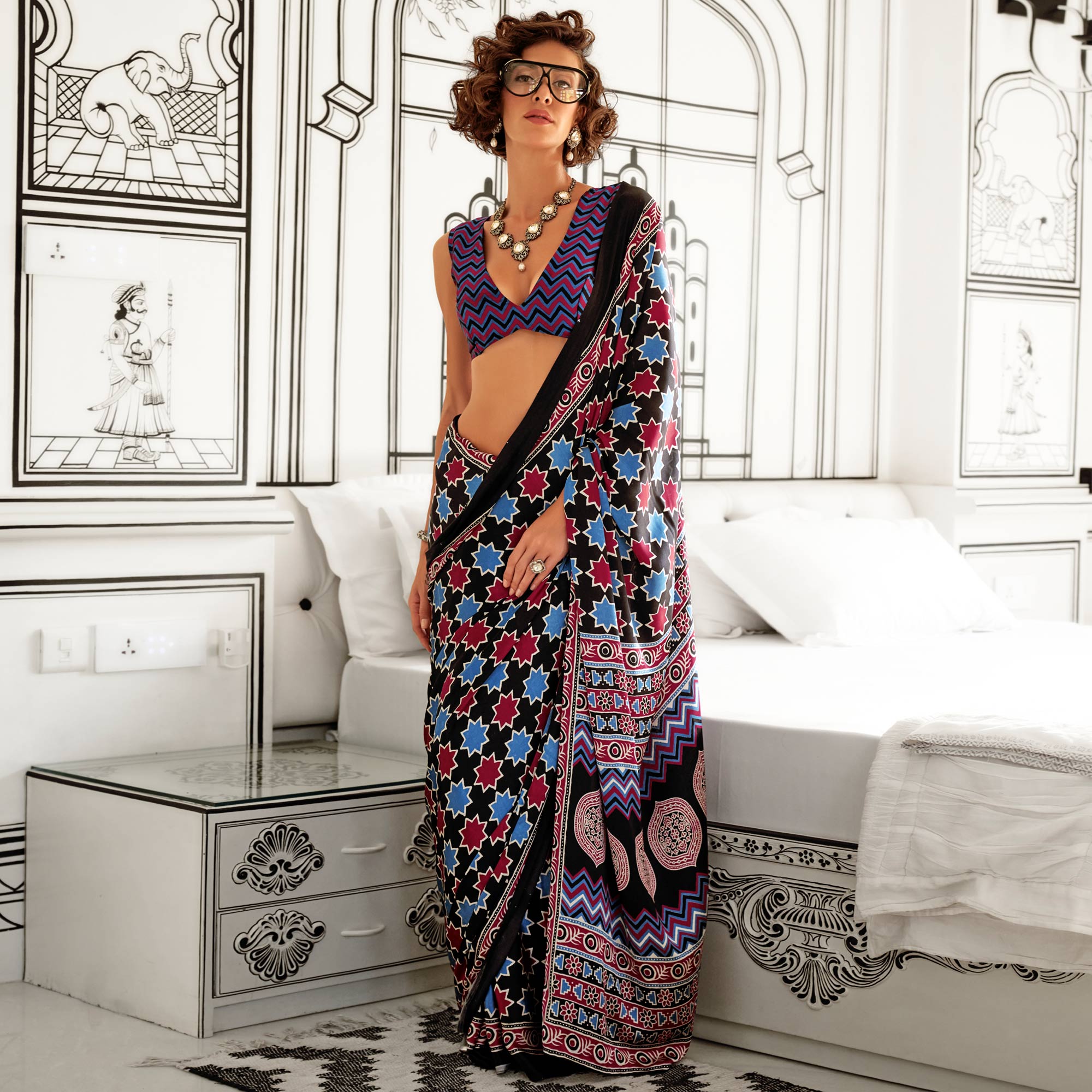 Black Printed Crepe Saree