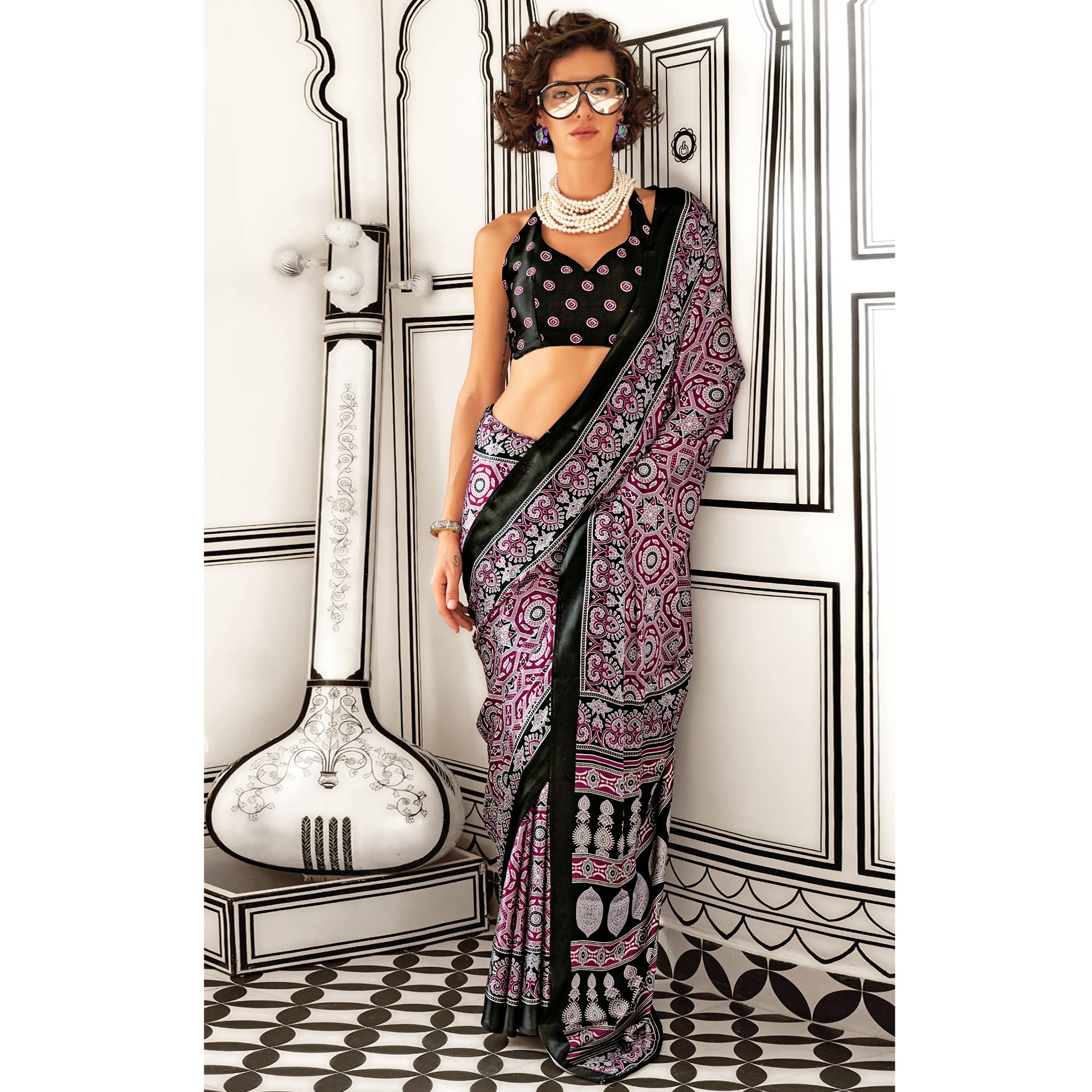 Magenta Printed Crepe Saree