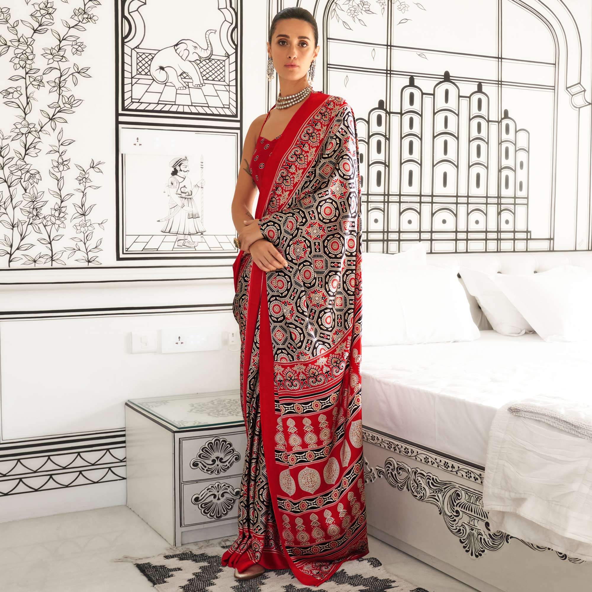 Black & Pink Printed Crepe Saree