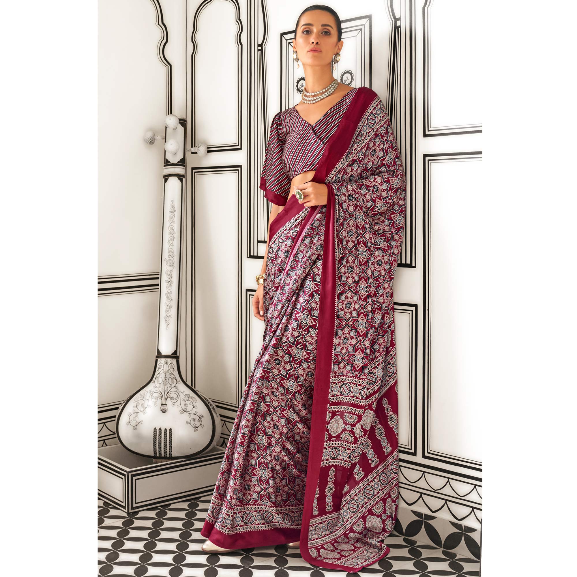 Maroon Printed Crepe Saree