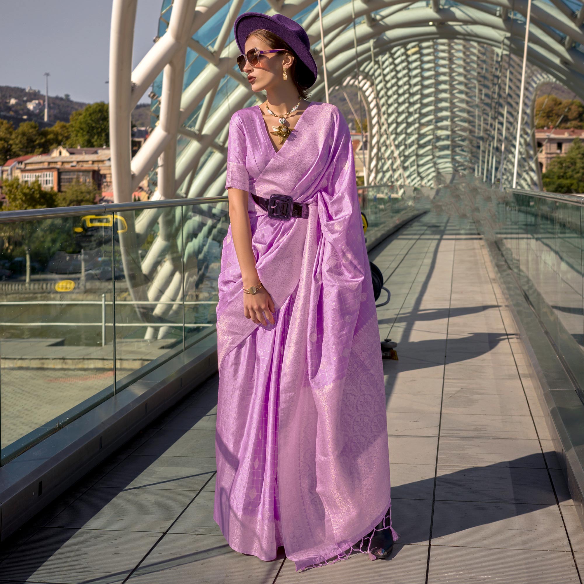 Pink Woven Art Silk Saree With Tassels