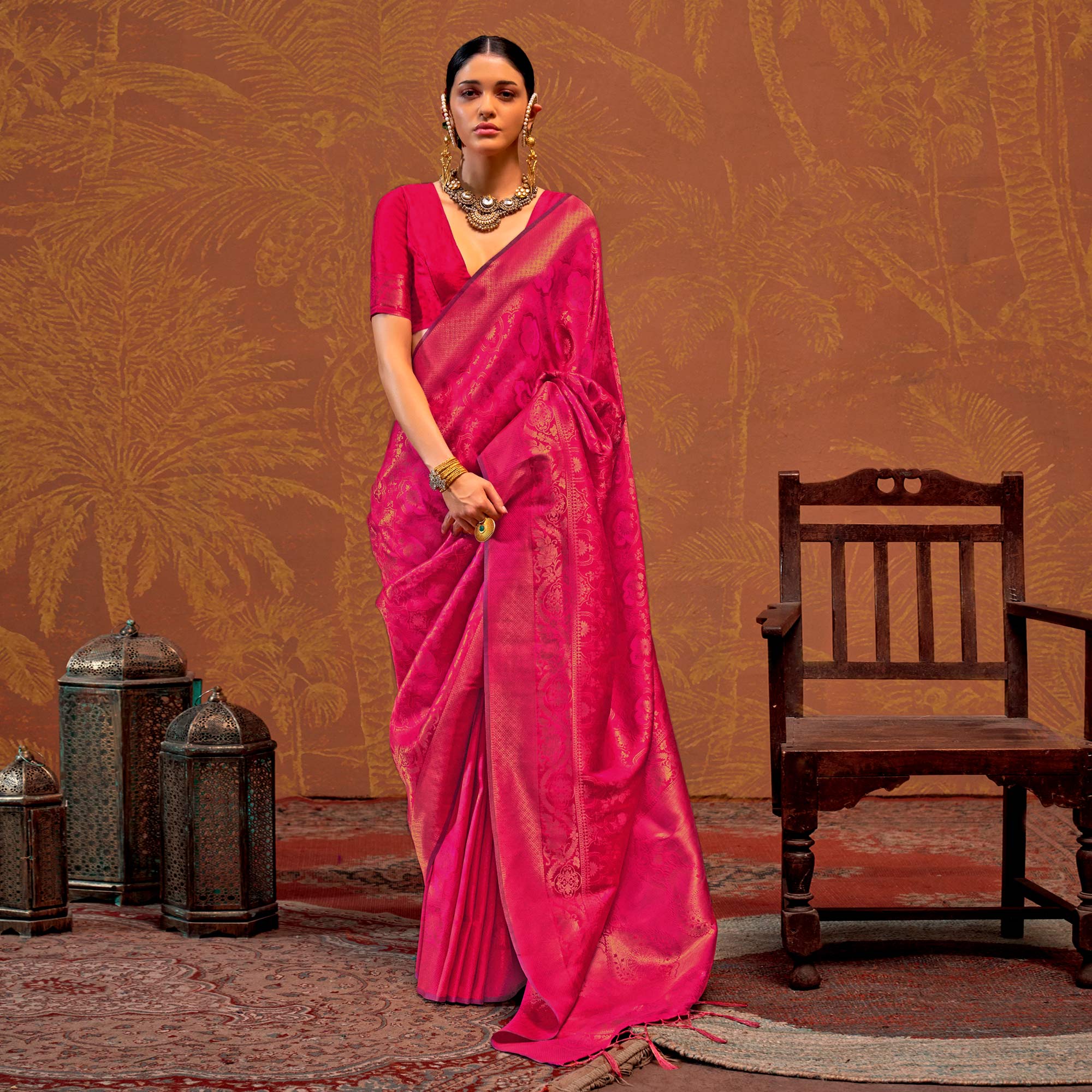 Rani Pink Zari Weaving Art Silk Saree With Tassels