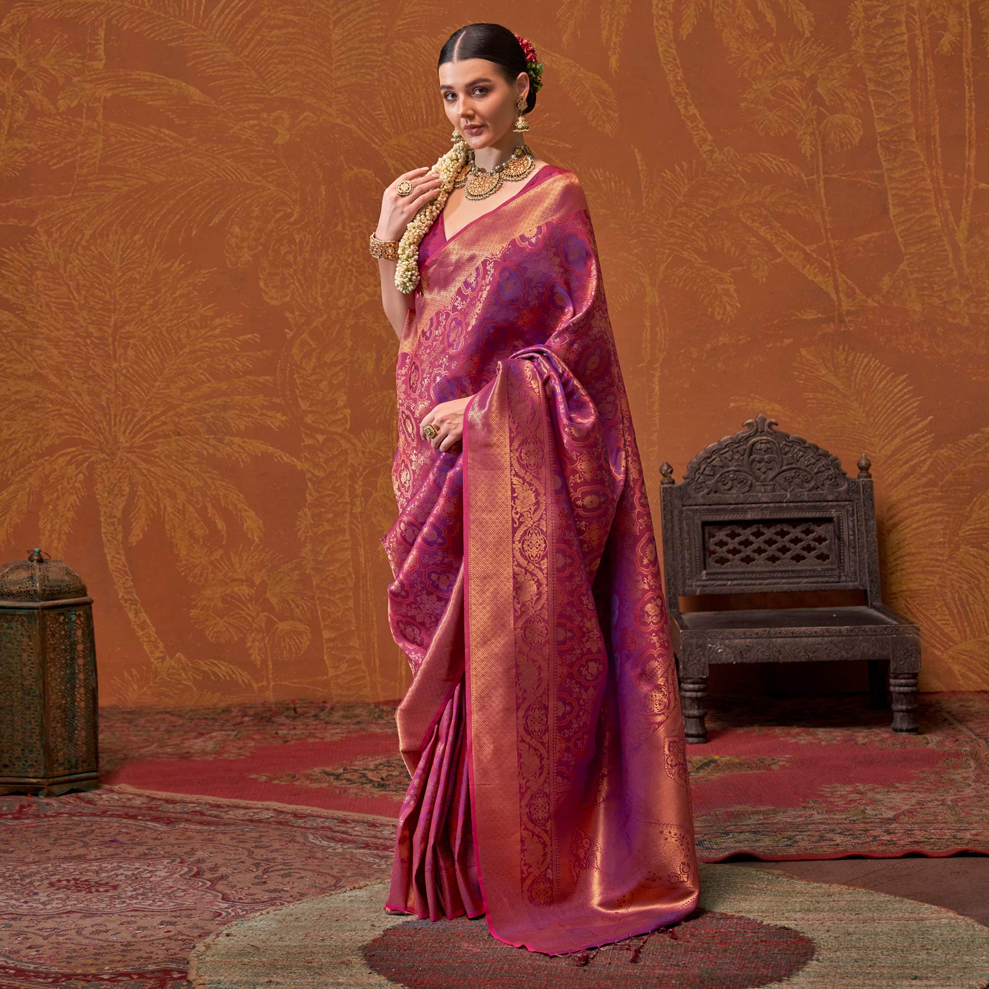 Magenta Zari Weaving Art Silk Saree With Tassels