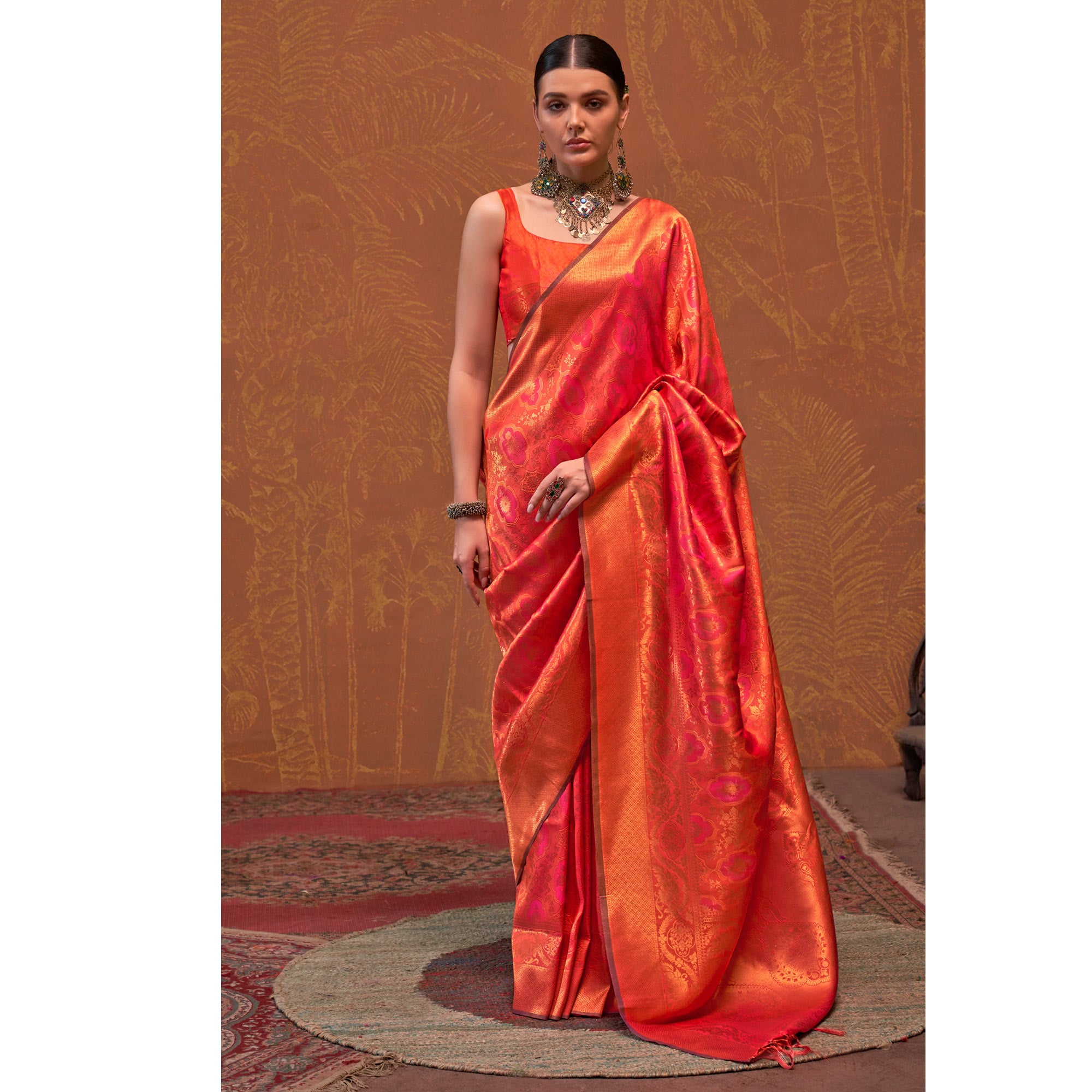 Orange Zari Weaving Art Silk Saree With Tassels