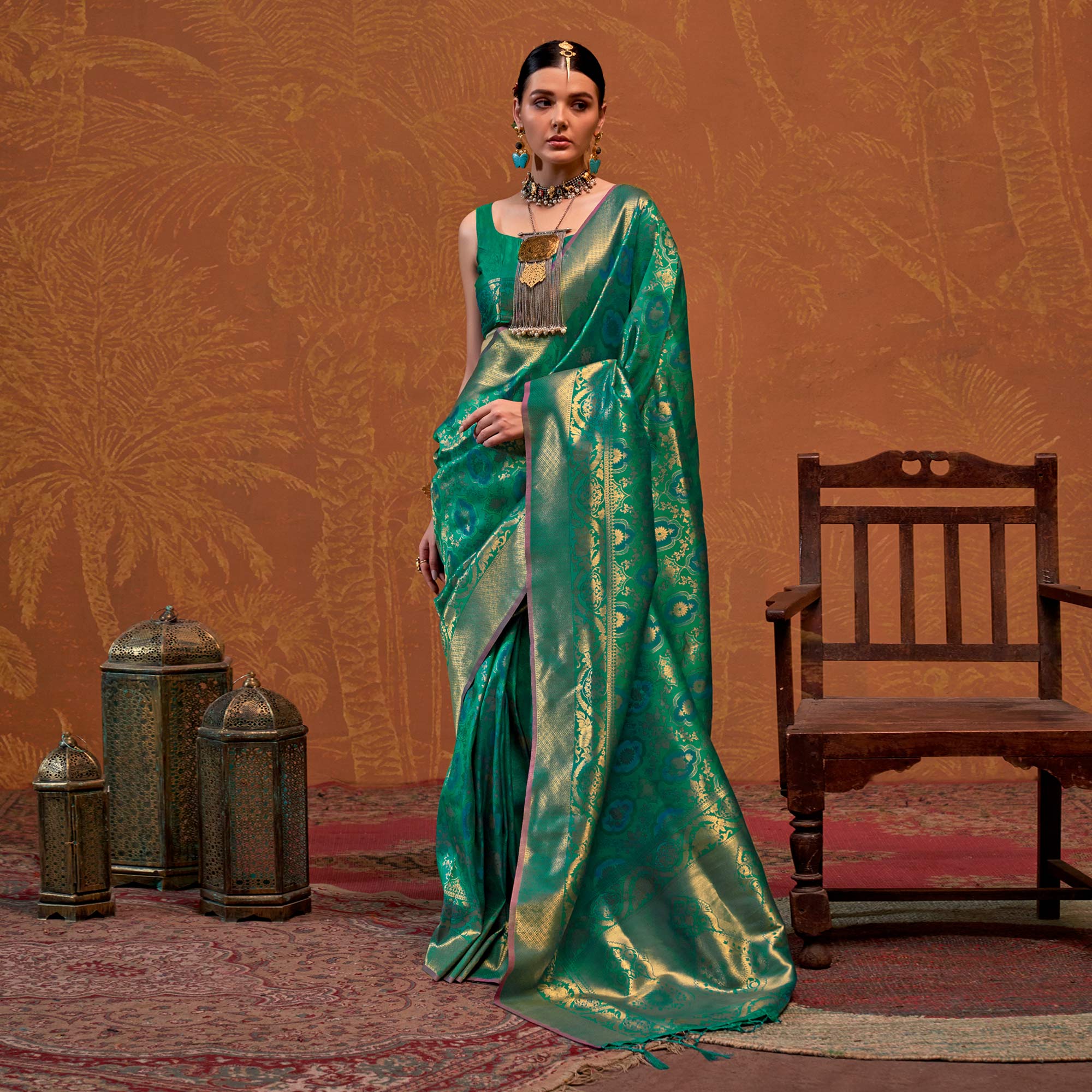 Rama Green Zari Weaving Art Silk Saree With Tassels