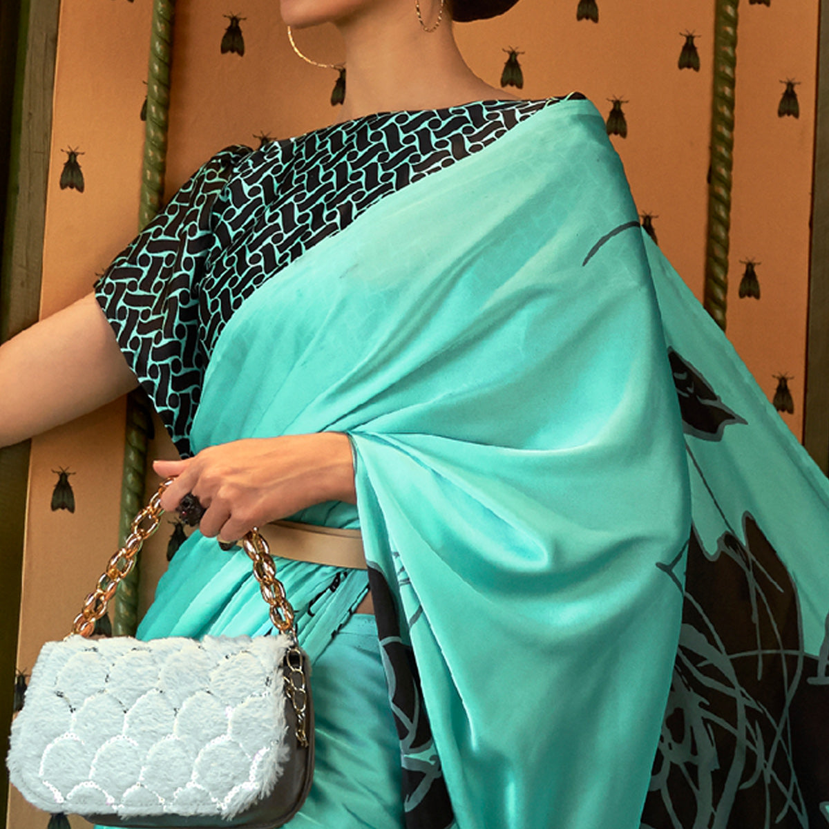 Turquoise Floral Printed Satin Saree