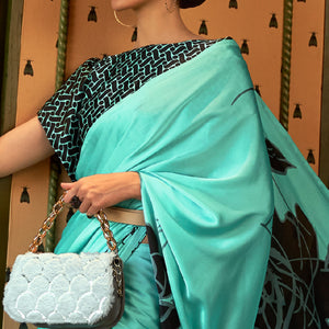 Turquoise Floral Printed Satin Saree