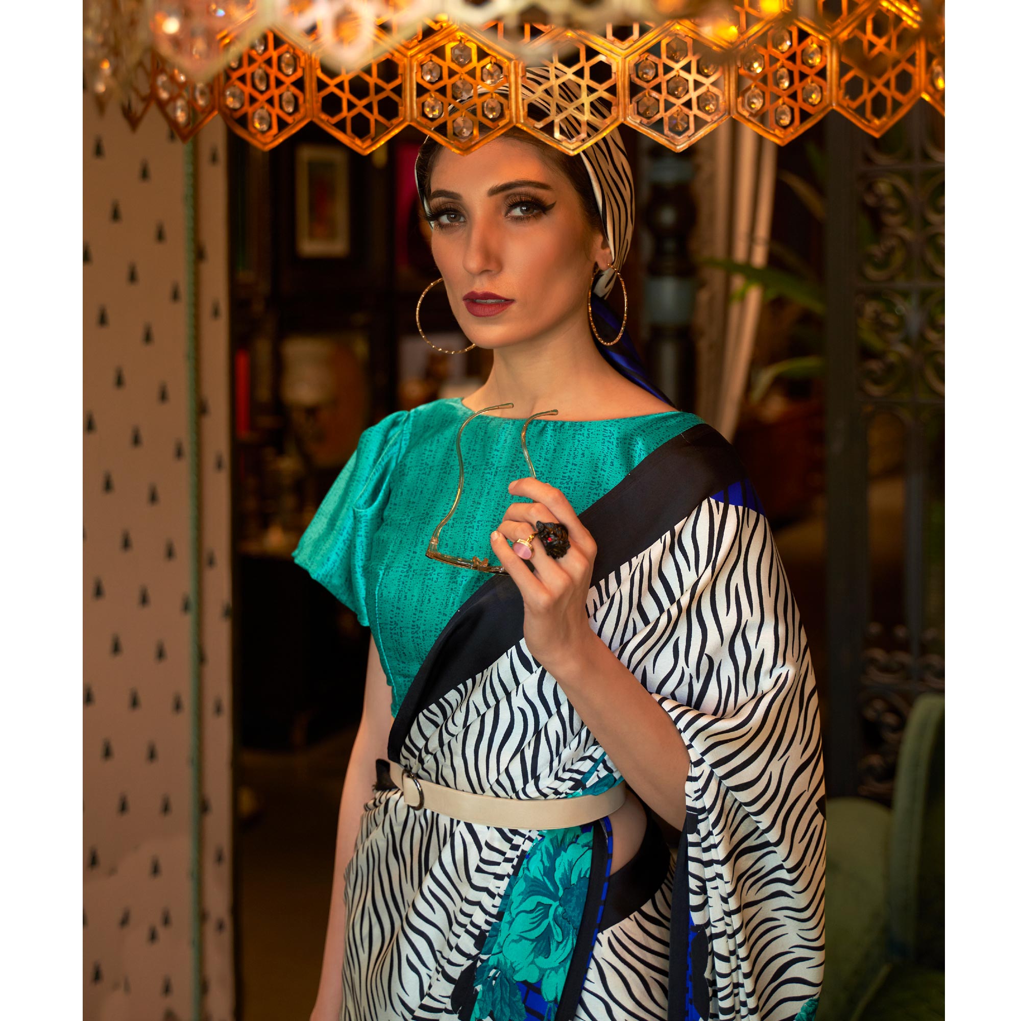 White & Blue Striped Printed Satin Saree