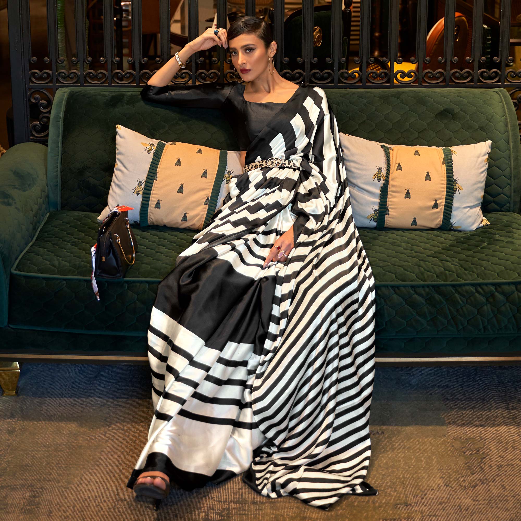 White & Black Striped Printed Satin Saree