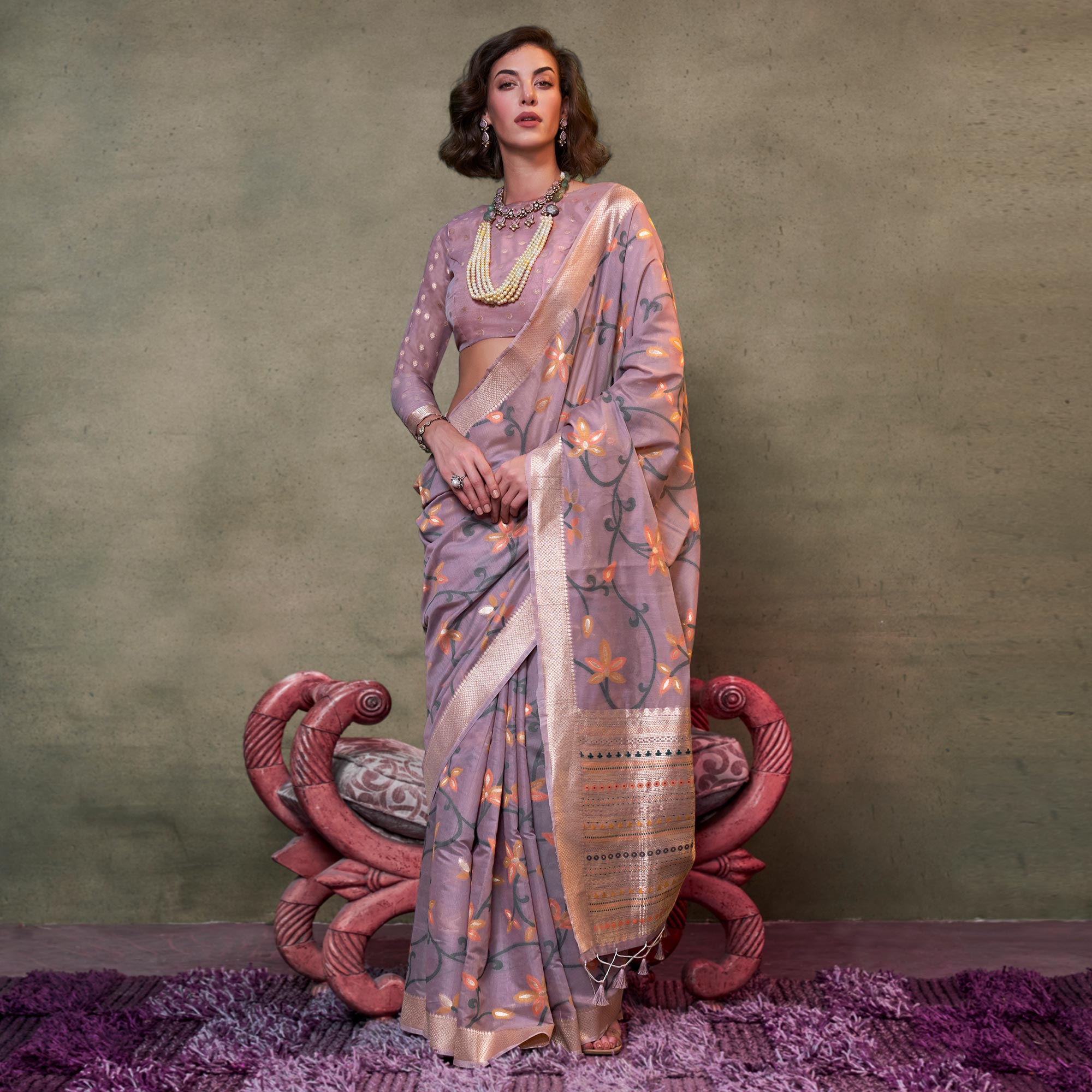 Mauve Floral Woven Cotton Silk Saree With Tassels