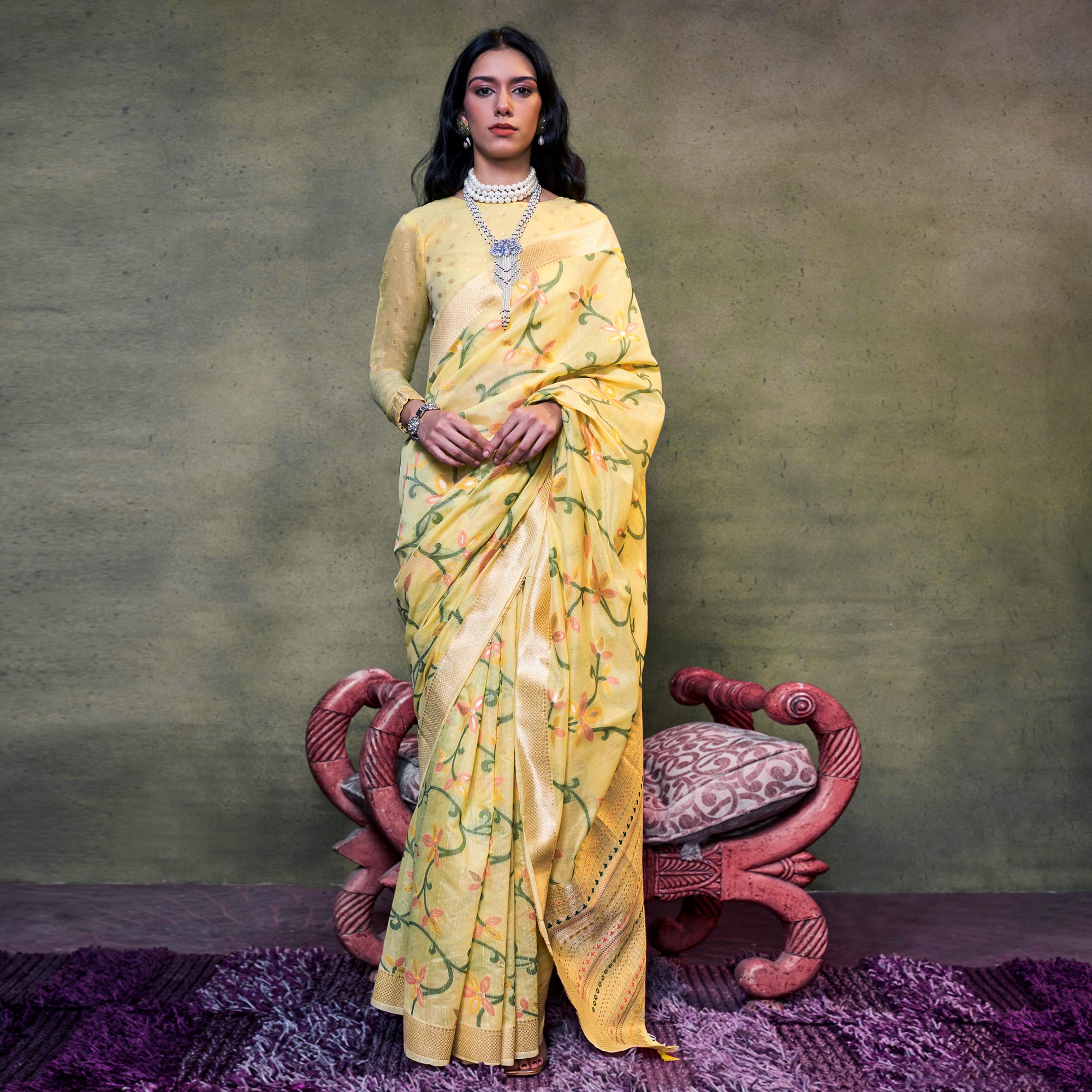 Yellow Floral Woven Cotton Silk Saree With Tassels