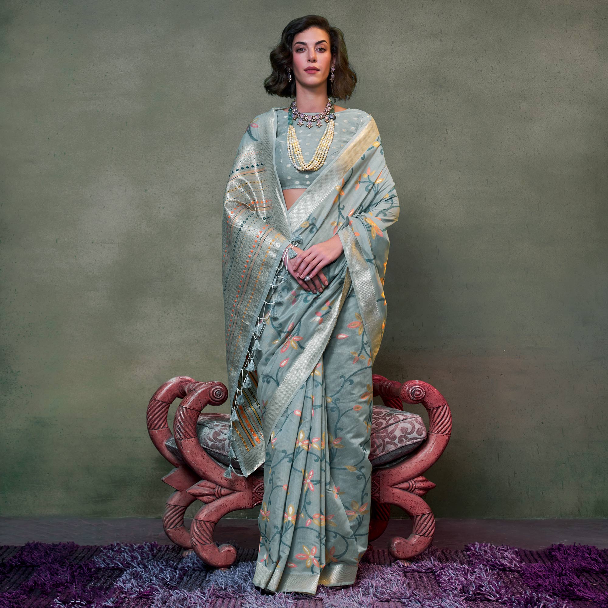 Grey Floral Woven Cotton Silk Saree With Tassels