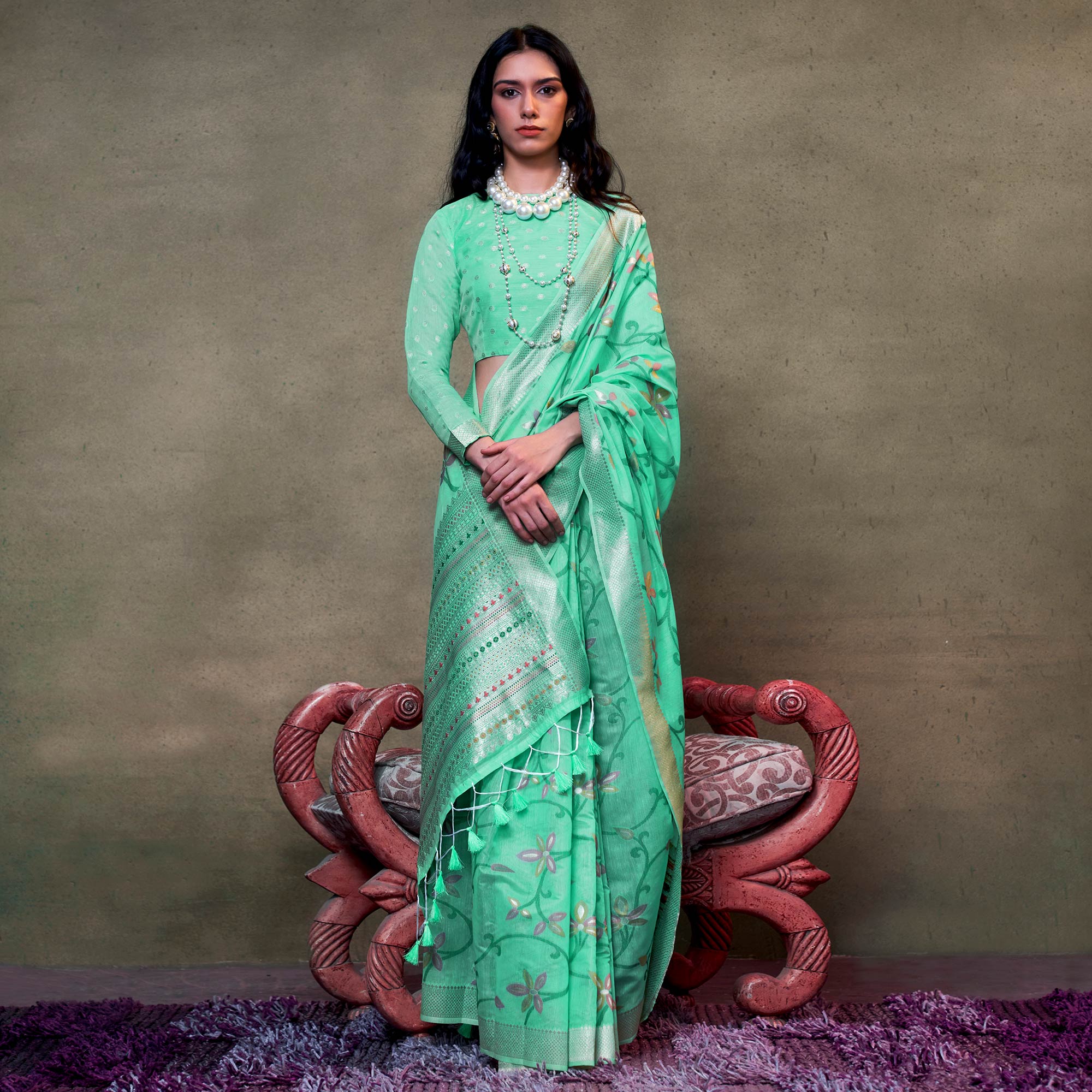 Turquoise Floral Woven Cotton Silk Saree With Tassels