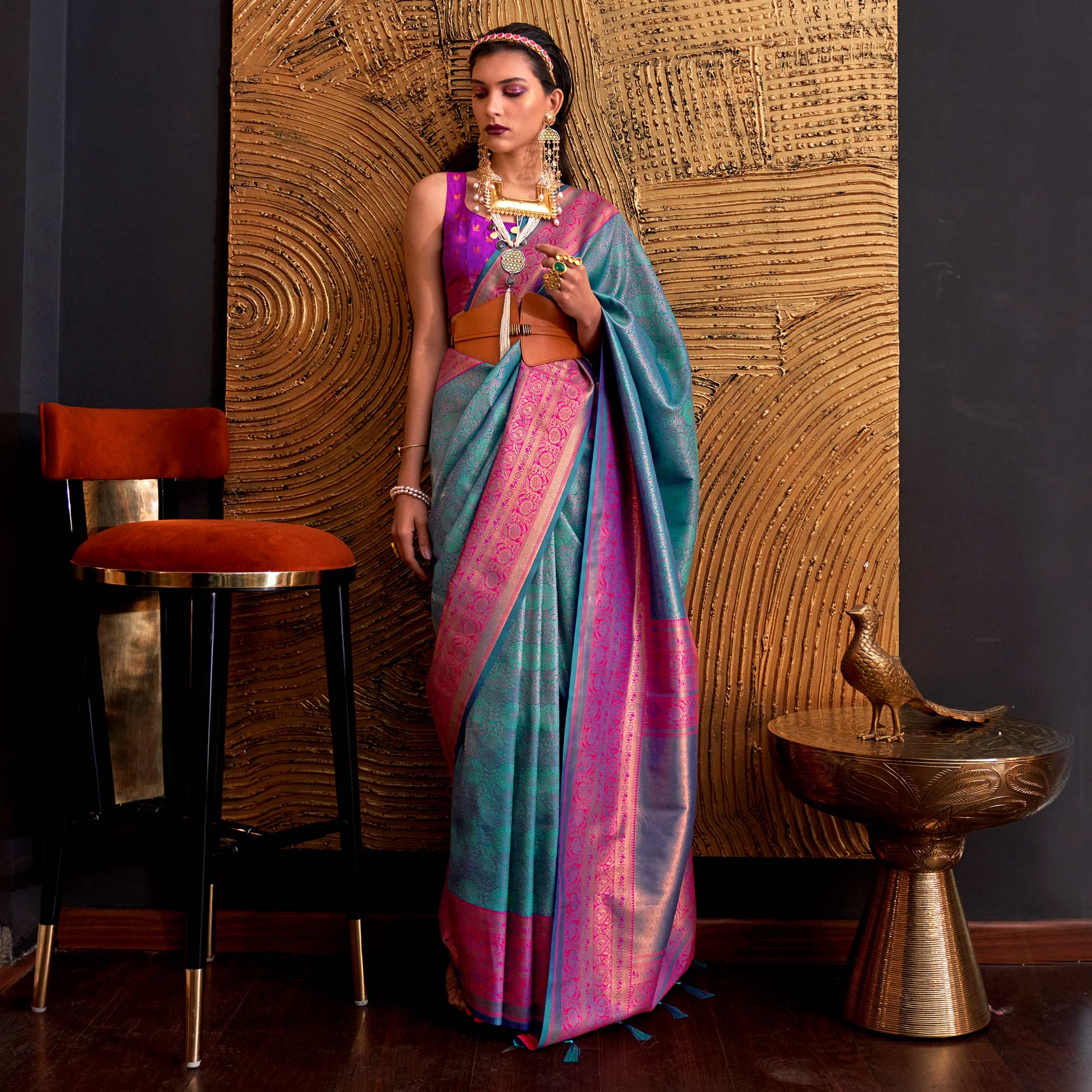 Rama Blue Floral Woven Art Silk Saree With Tassels